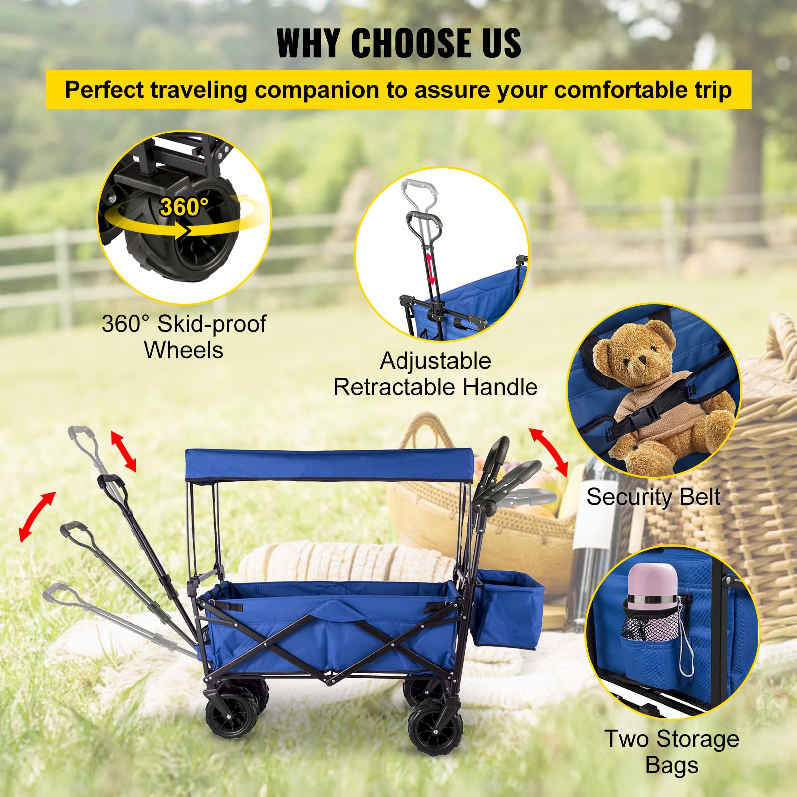 Happbuy Collapsible Wagon with Removable Canopy - Heavy Duty 220lbs Capacity Foldable Beach Wagon Cart with Large Wheels - Adjustable Push Pull Handles for Outdoor, Camping, Picnic, Grocery Shopping (Blue)
