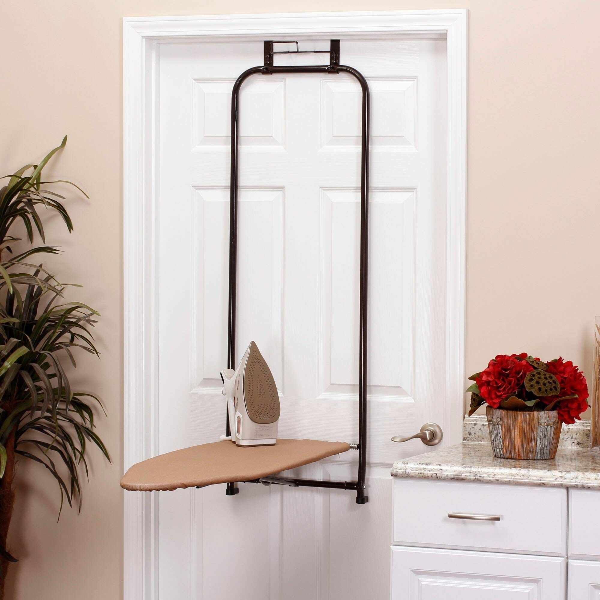 Over-The-Door Ironing Board Holder - Bronze Metal Folding Iron Stand for Clothes Steamer & Iron - Space Saving Storage Solution for Bedroom, Laundry Room or Closet