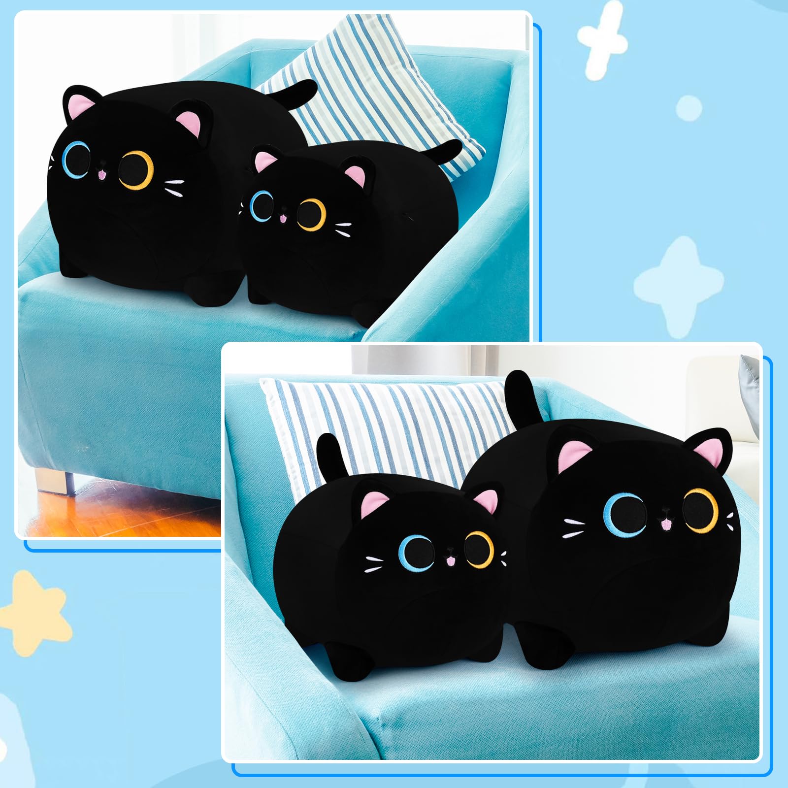 16'' Black Cat Plush Pillow with Unique Eyes - Soft Anime Stuffed Animal Toy for Kids, Girls & Boys | Perfect Birthday Gift, Home Decor, and Cuddly Companion