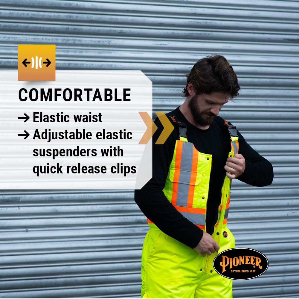 Pioneer High Visibility Waterproof Bib Overalls for Men & Women - Insulated Safety Work Pants with Reflective Strips - Ideal for Construction, Road Work & Outdoor Winter Jobs