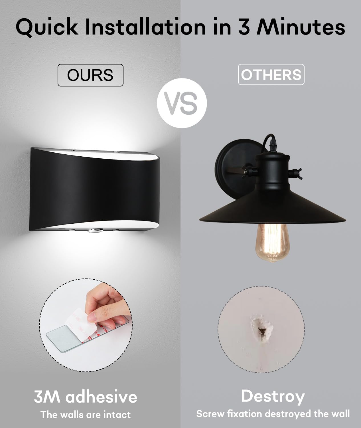 Lightess LED Wall Sconce - Rechargeable Battery Operated Dimmable Wall Light (3000K Cool White) for Bedroom, Hallway & Living Room | Cordless Black Wall Lamp for Modern Home Decor & Nighttime Ambience