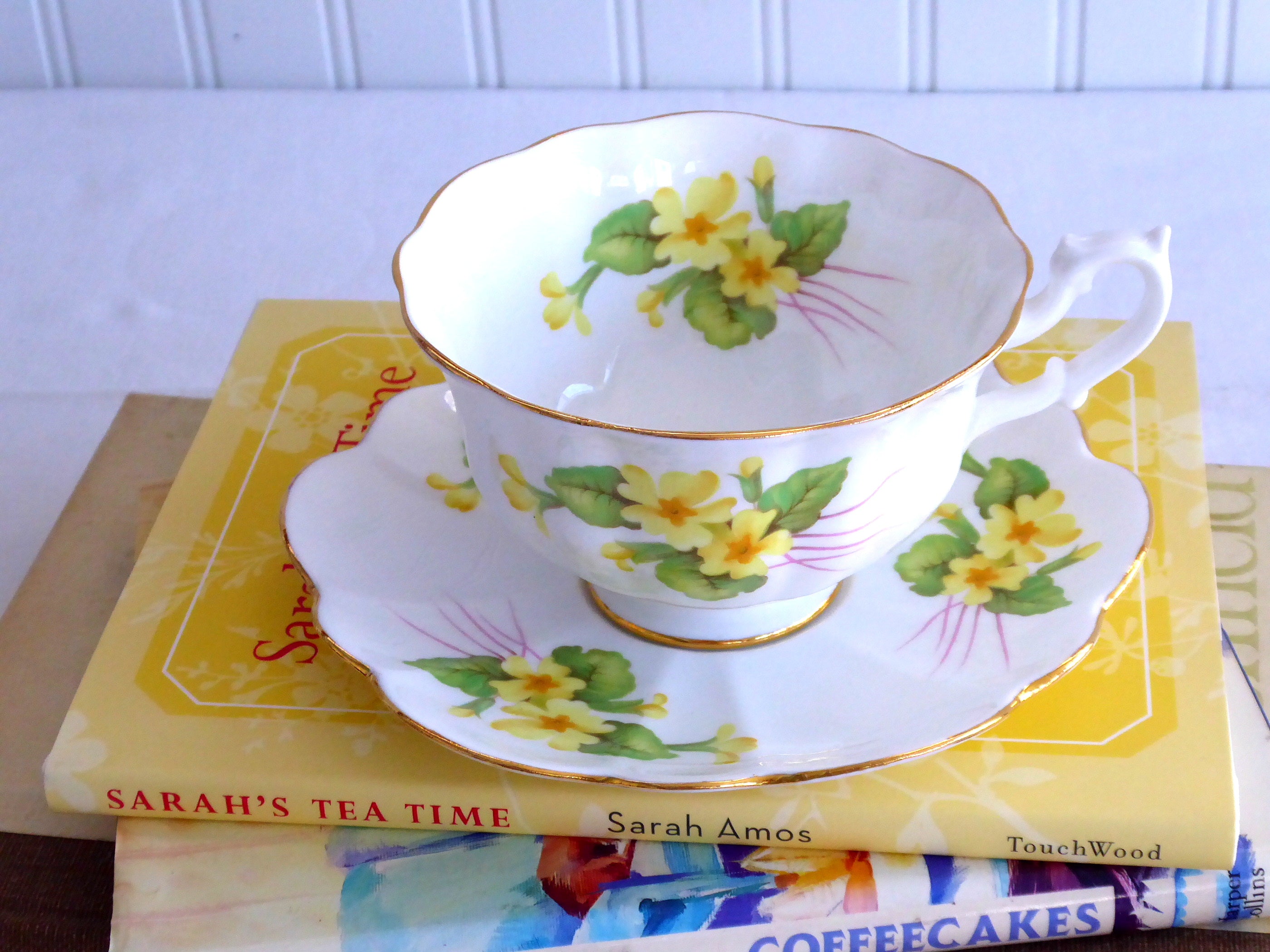 Vintage Shelley Primrose Atholl Thorn Shape Gold Trim Cup and Saucer Set - 1960s English Fine China for Afternoon Tea & Collectible Display