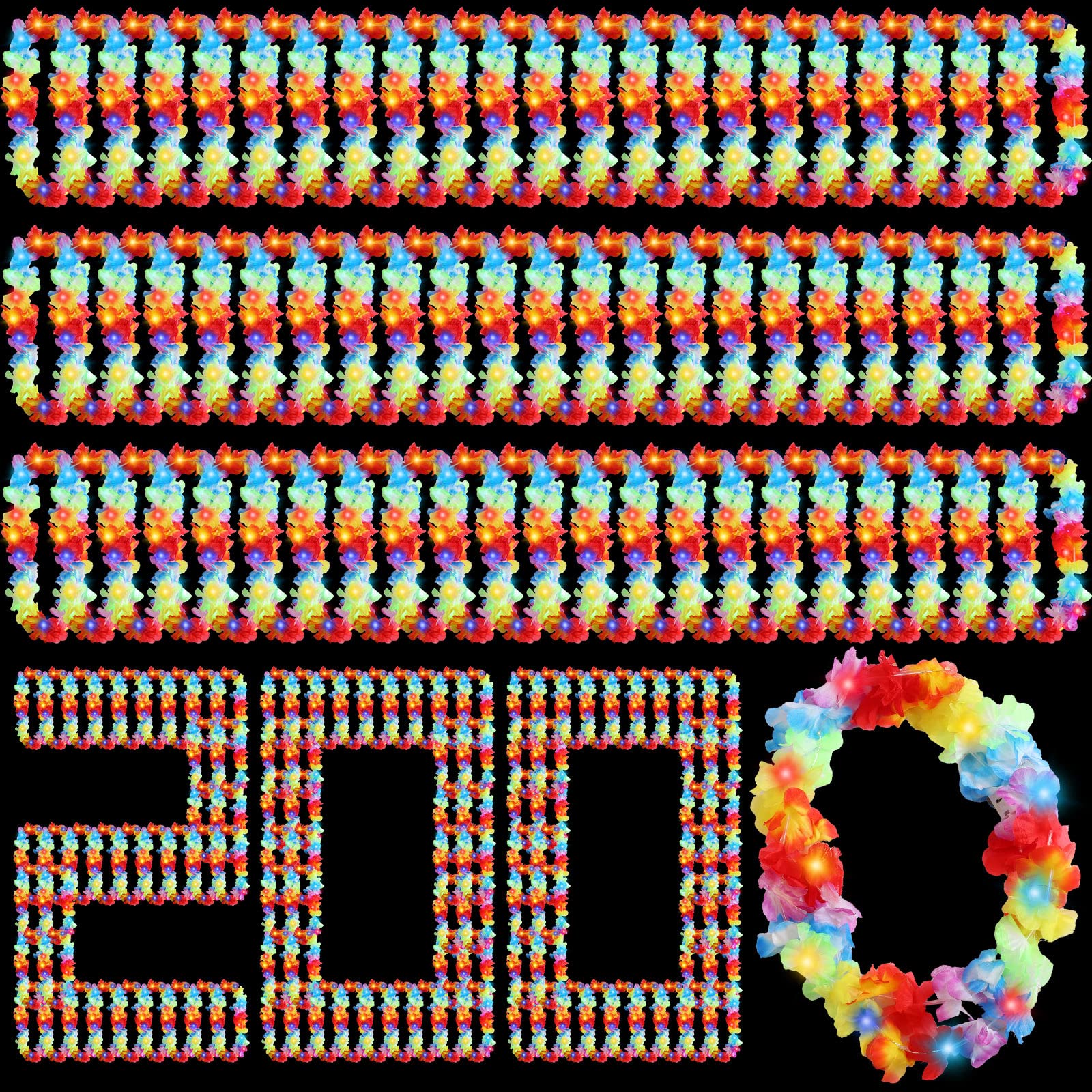 Sherr 200 Pack LED Hawaiian Leis - Rainbow Light Up Flower Necklaces with Battery Powered LED Lights for Luau Party, Beach Wedding, Masquerade Ball, Tropical Carnival & Themed Events - Perfect for Hawaiian Nights, Pool Parties & Summer Festivals