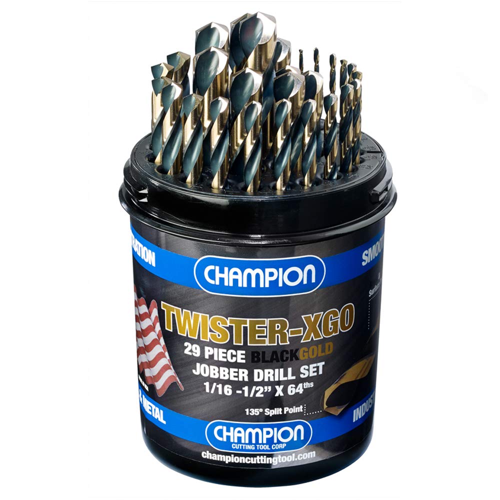Champion Cutting Tool Corp TWISTER-XGO 29-Piece Heavy Duty Black & Gold Jobber Drill Bit Set - 135° Split Point, 1/16