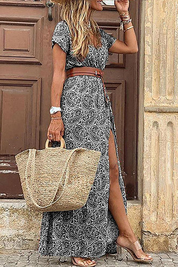 Forgotten Story Paisley Maxi Dress with Belt - Elegant Boho Floral Print Long Dress for Women, Perfect for Summer Vacations, Beach Weddings & Boho Chic Outfits
