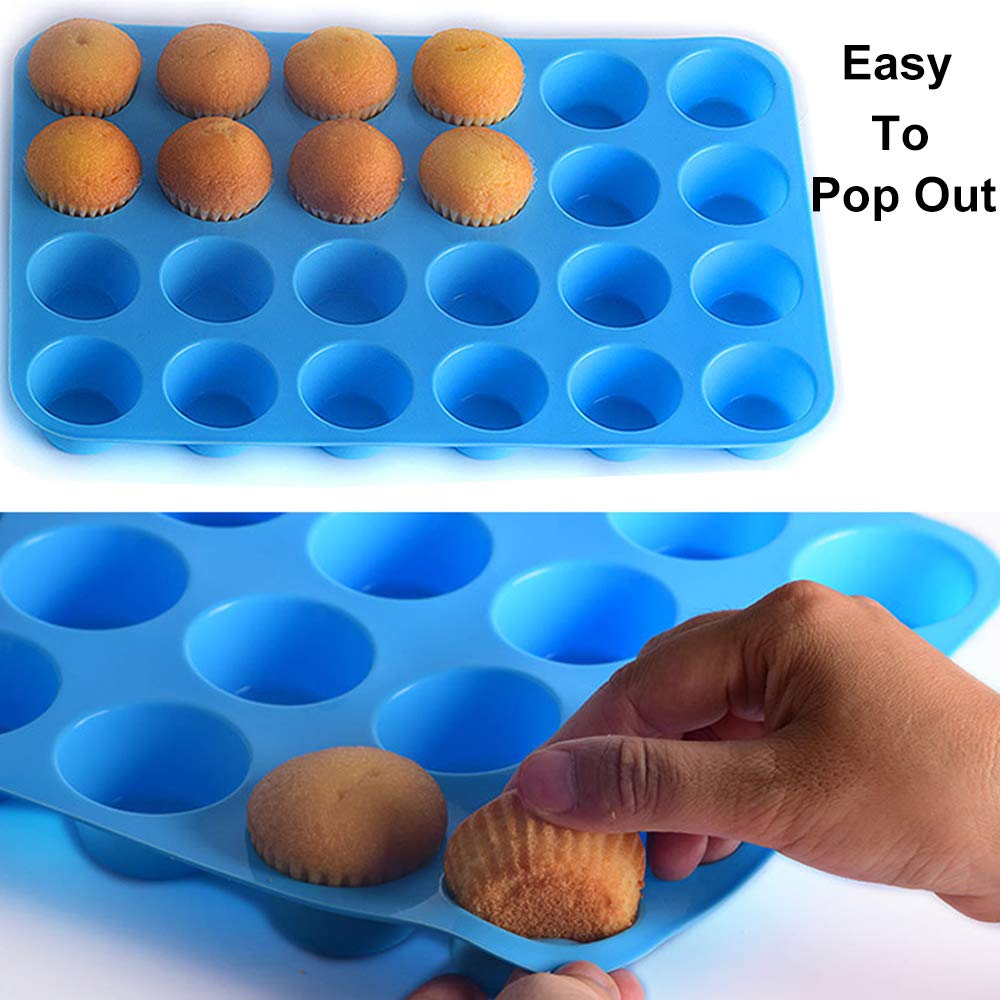 Qtopun 4-Pack Silicone Mini Muffin Pan - 24 Cups Non-Stick Baking Mold for Cupcakes, Muffins & Desserts - Perfect for Home Baking, Party Treats & Holiday Cooking (Blue)