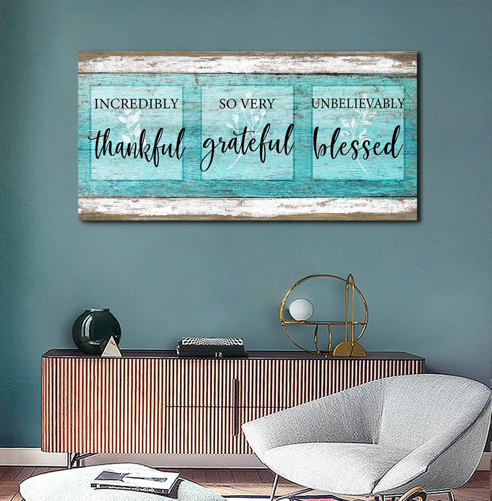 Large Framed Canvas Wall Art - Inspirational 'Thankful Grateful Blessed' Quote Print in Teal Blue (24x48 Inches) for Living Room, Bedroom, Kitchen & Office Decor | Perfect for Home, Family Spaces & Gift Giving