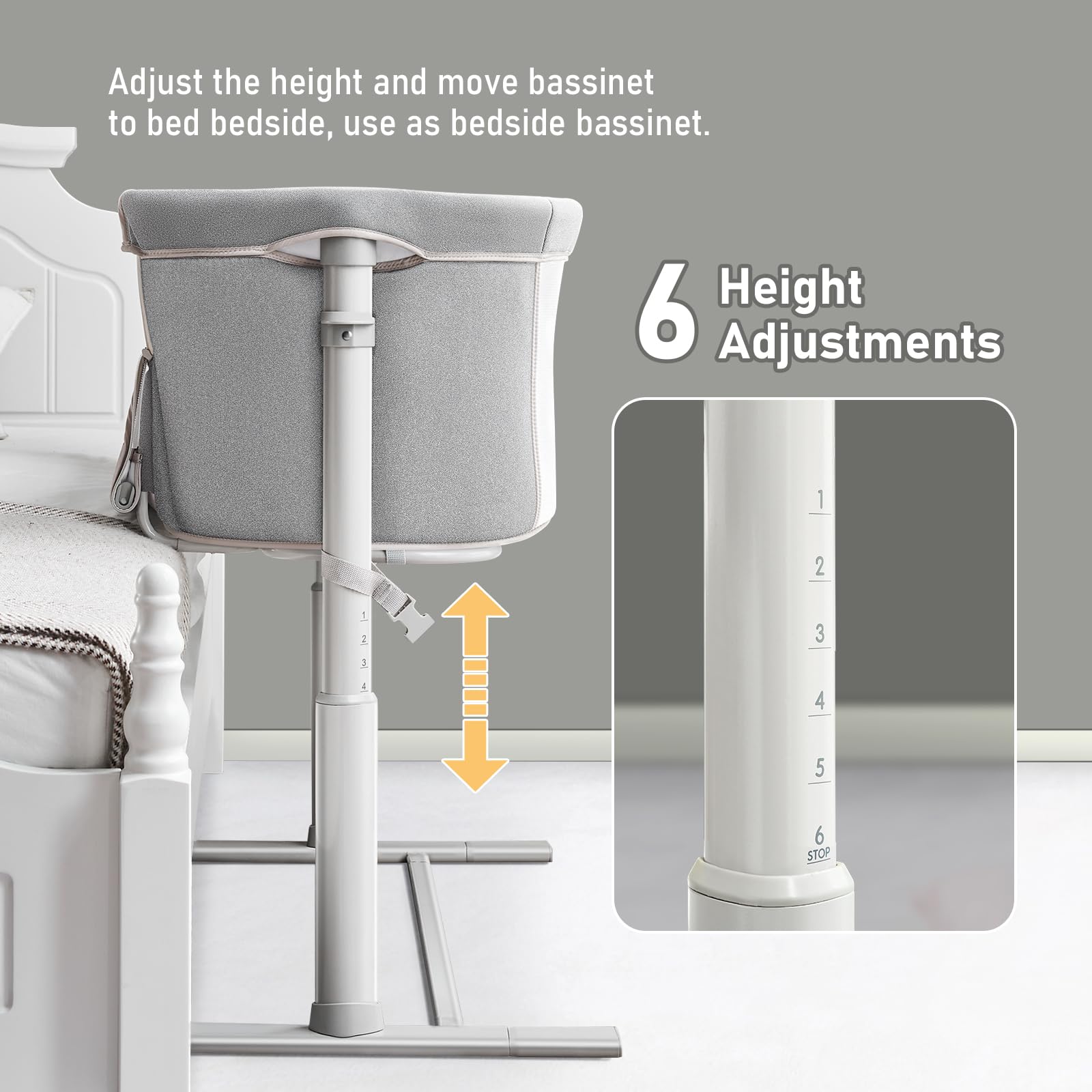 ALVOD Adjustable Height Bedside Bassinet for Baby - 6-Level Portable Crib with Breathable Mesh, Easy Assembly, Light Grey - Perfect for Nursery, Bedside, or Sofa Sleeping