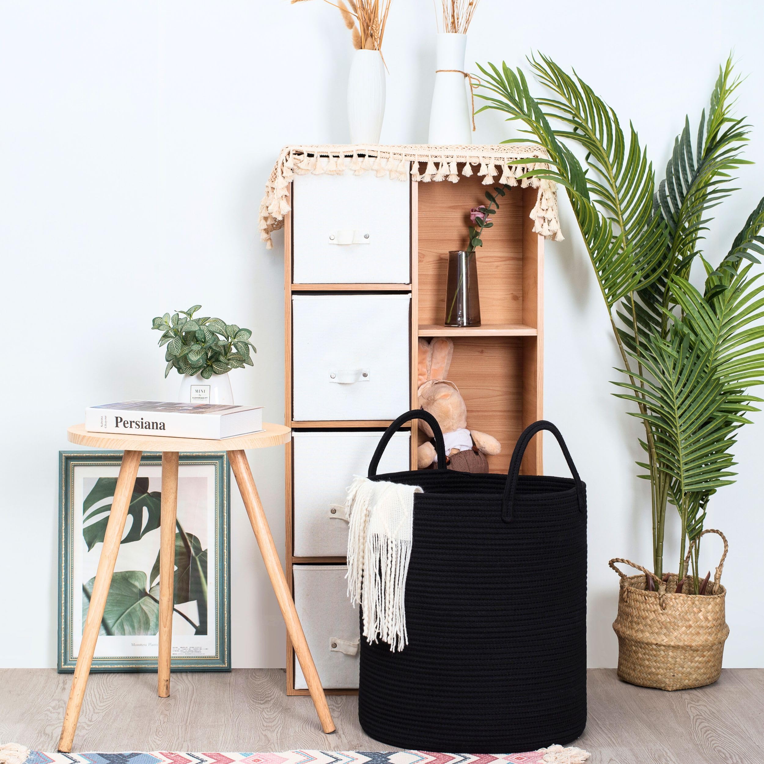 MINTWOOD Large 18x16 Inch Woven Cotton Rope Storage Basket - Black Laundry Hamper, Blanket & Toy Organizer for Living Room, Bedroom, Nursery | Perfect for Towels, Pillows, Throws & Home Decor Storage