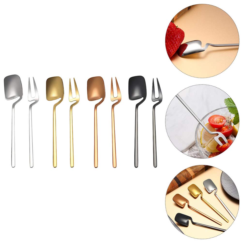 Hemoton 8-Piece Stainless Steel Dessert Spoon Set - Long Handle Mixing Spoons, Tea Forks, Espresso Serving Spoons, Cake & Sugar Spoons, Mini Fruit Forks - Perfect for Coffee, Desserts, Baking & Tea Parties