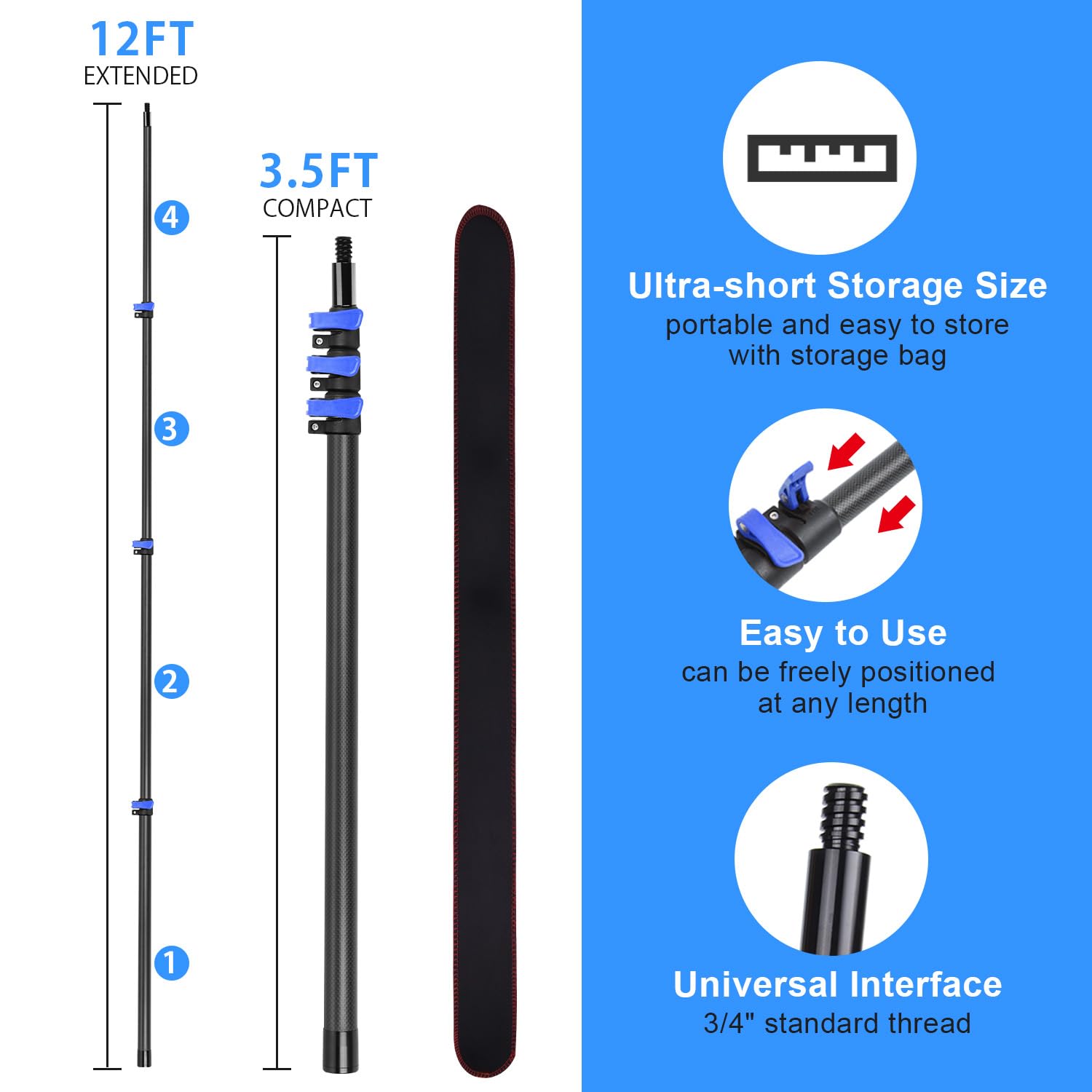 Carbon Fiber Telescoping Extension Pole 3.5-12FT - Lightweight Sturdy Paint Roller Pole with Universal Threaded Head - Perfect for Painting, Cleaning, Window Washing & Outdoor Use