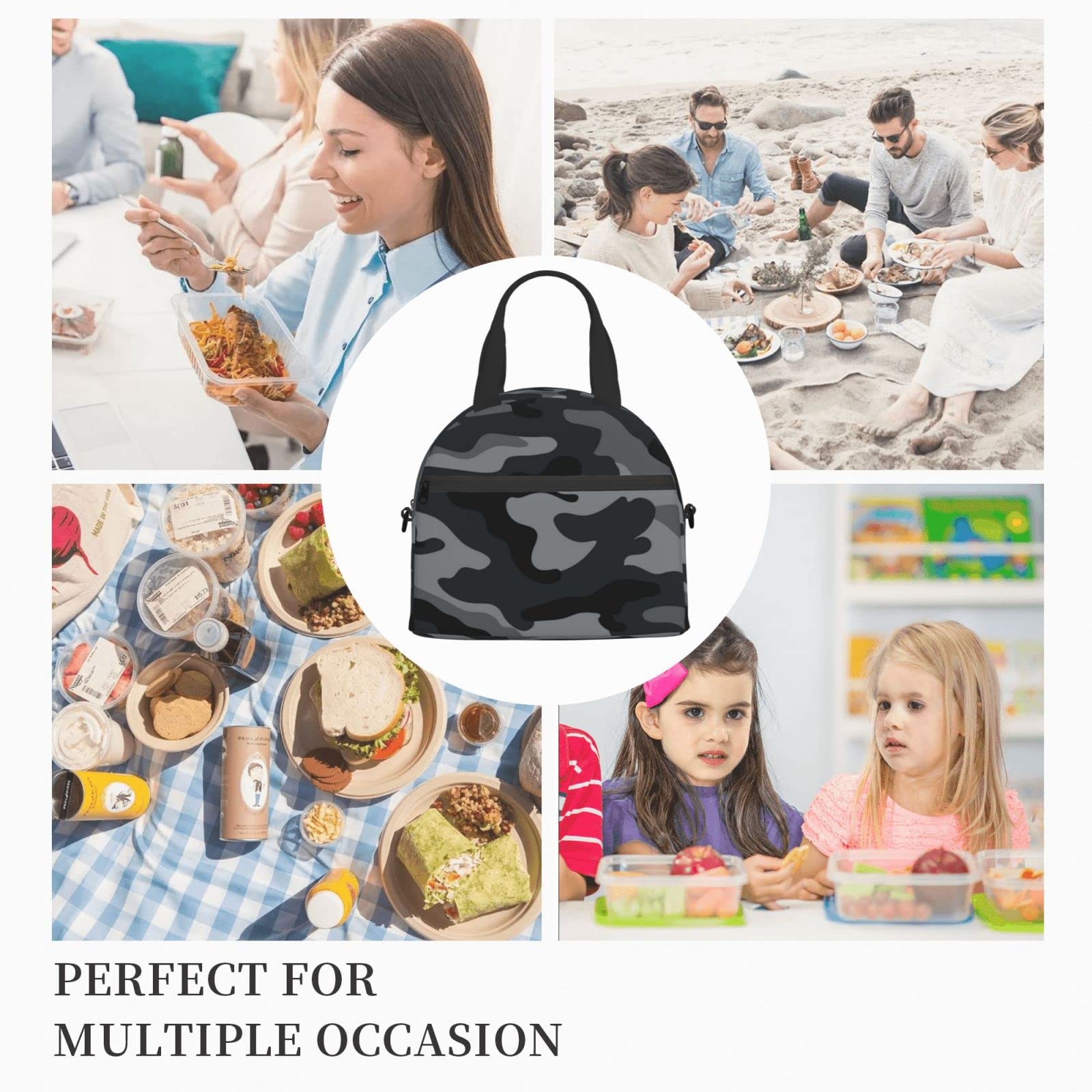 Military Camo Insulated Lunch Bag - Reusable Black Lunch Tote with Adjustable Shoulder Strap for Office, School, Picnic & Travel - Perfect for Work, Outdoor Adventures & Daily Commutes