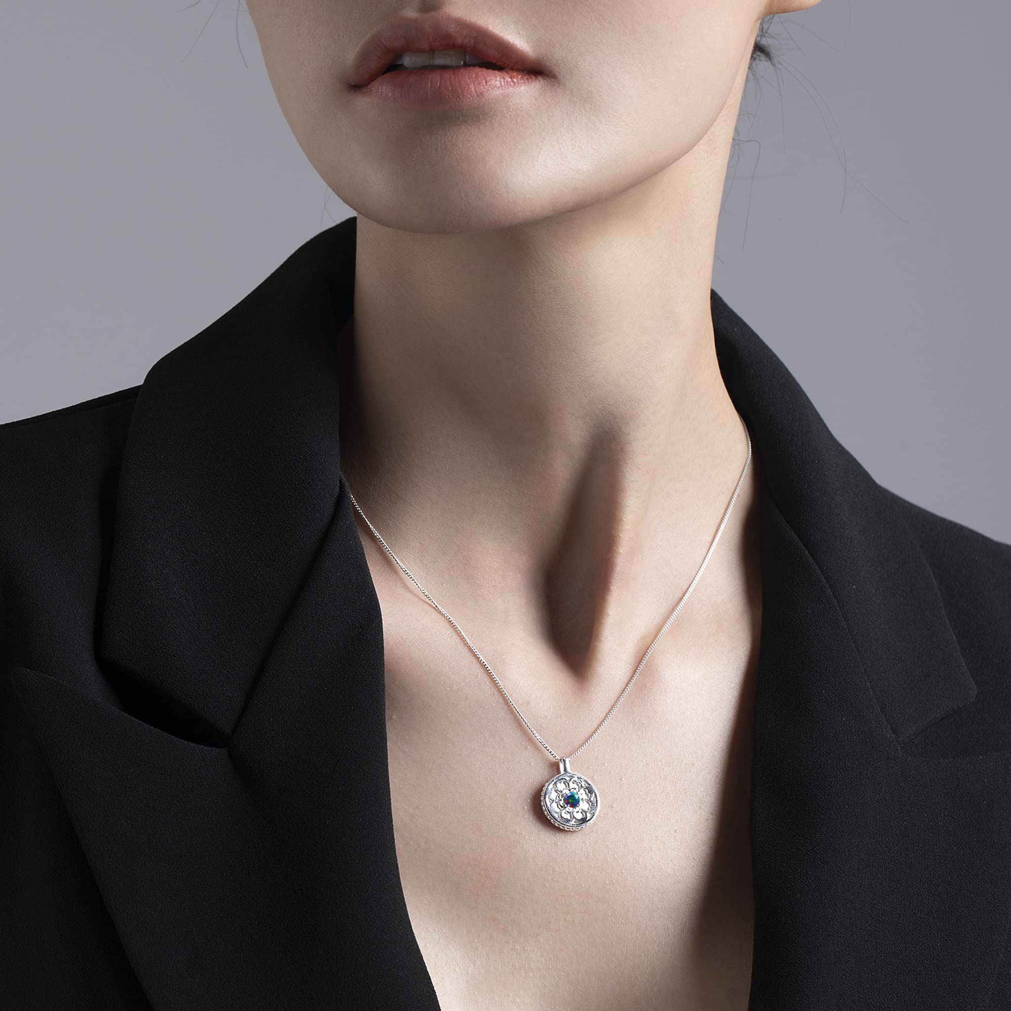 Black Opal Coin Necklace Pendant - Personalized Custom Initial Engraved Medallion - October Birthstone Alternative Jewelry - Perfect Gift for Women, Birthday, Anniversary & Special Occasions