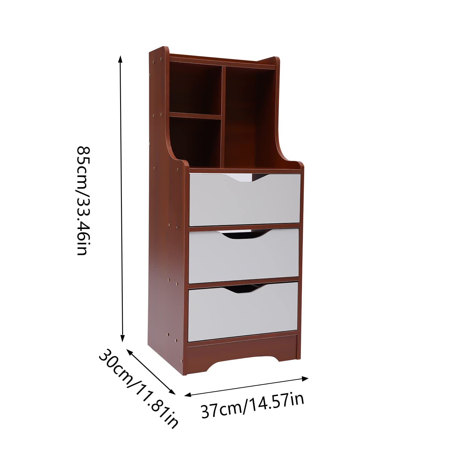 Eapmic 3-Drawer Dresser with Top Cabinet & Open Shelf - Nightstand, Bedside Table, Chest of Drawers for Bedroom, Living Room, Home Office - White & Dark Brown - Wide Storage Space for Clothes, Books & Decor