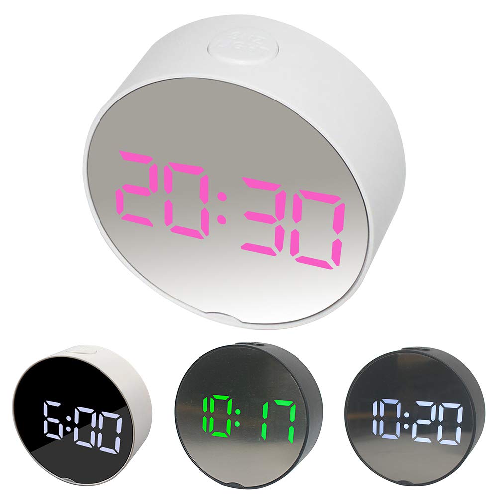 Newrys Digital Alarm Clock with Snooze & Projection - Portable Round Oval Desk Bedside Clock with Night Light & Makeup Mirror (Black + Green Light) - Perfect for Bedrooms, Travel, and Home Decor