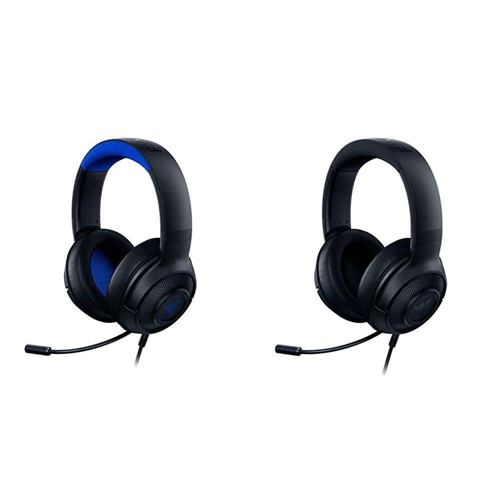 Razer Kraken X Lightweight Over-Ear Gaming Headset for PS4, Xbox, PC - Classic Black/Blue with Retractable Mic - Noise Isolation for Online Gaming, Streaming & Work Calls