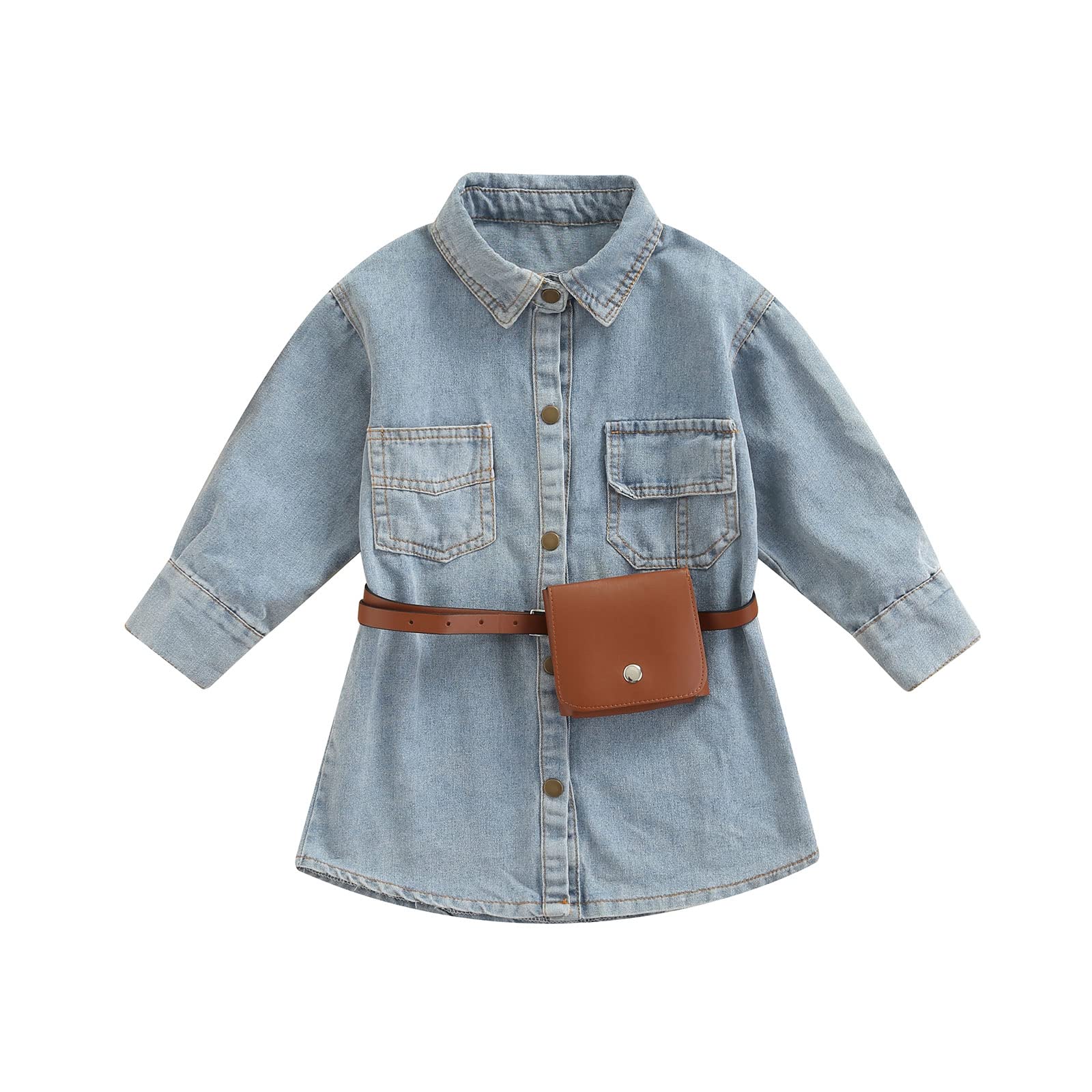 Little Girl Long Sleeve Denim Dress with Lapel Snap Placket - Casual Jean Dresses for Spring Summer Autumn - Perfect for Playdates, School & Family Outings