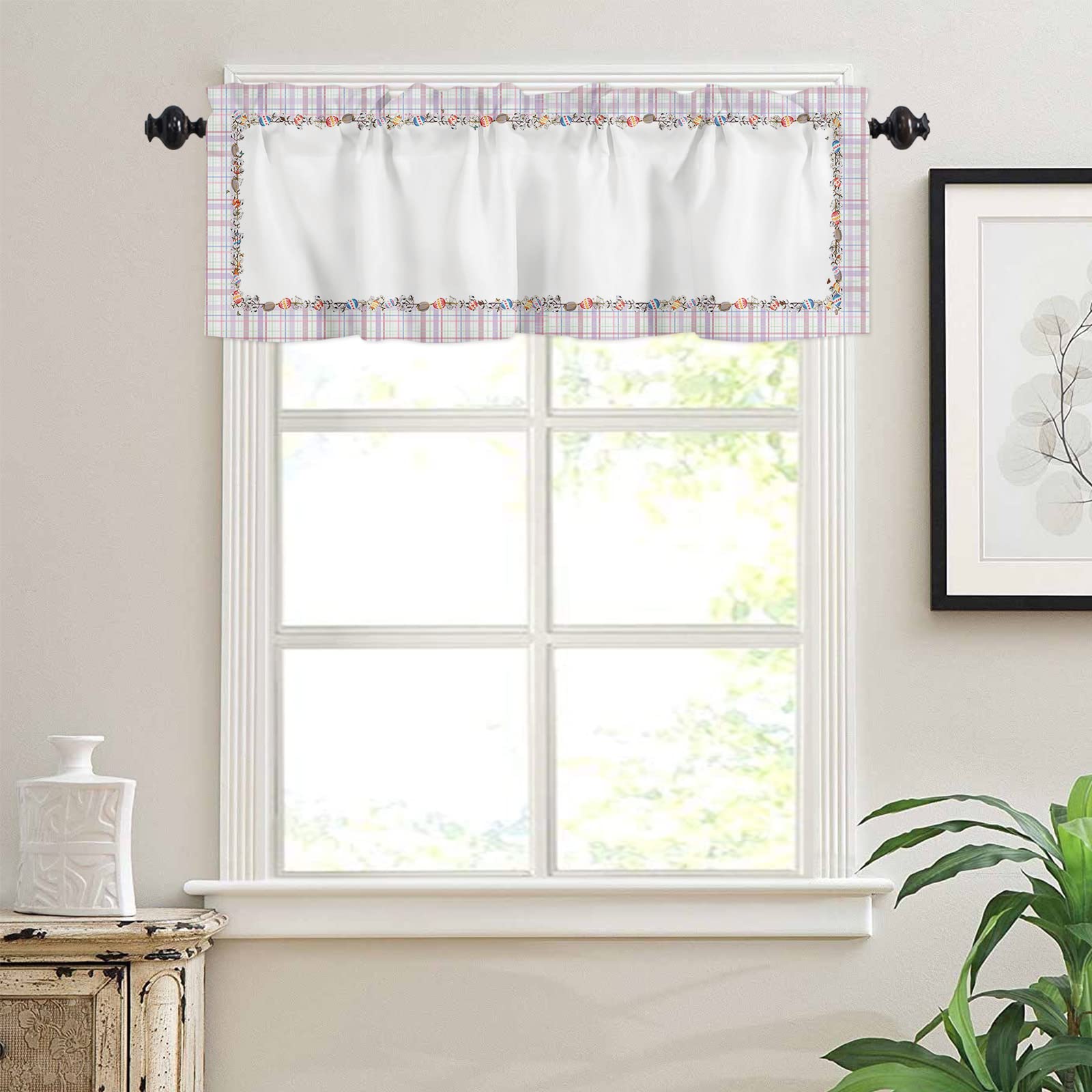 Easter Eggs Cotton Butterflies Pink Plaid Window Valance with Rod Pocket - 54x18 Inch Kitchen, Bedroom, Living Room & Bathroom Curtain for Small Windows - Perfect for Spring Decor & Easter Home Decorating