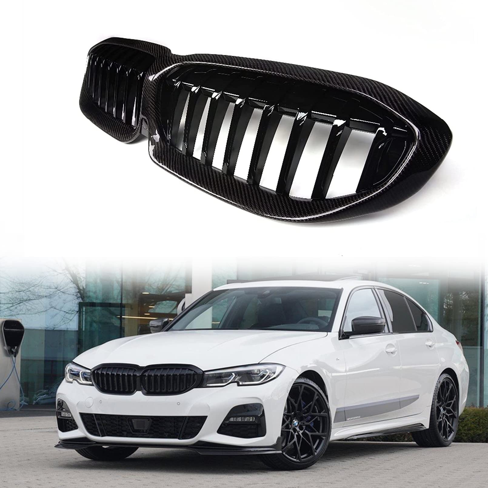 Carbon Fiber Front Kidney Grille Replacement for 2019-2022 BMW 3 Series G20/G21/G28 - Single Slat Performance Style Hood Grille | Upgrade for Sedan & Touring Models | Enhances Sporty Look & Aerodynamics