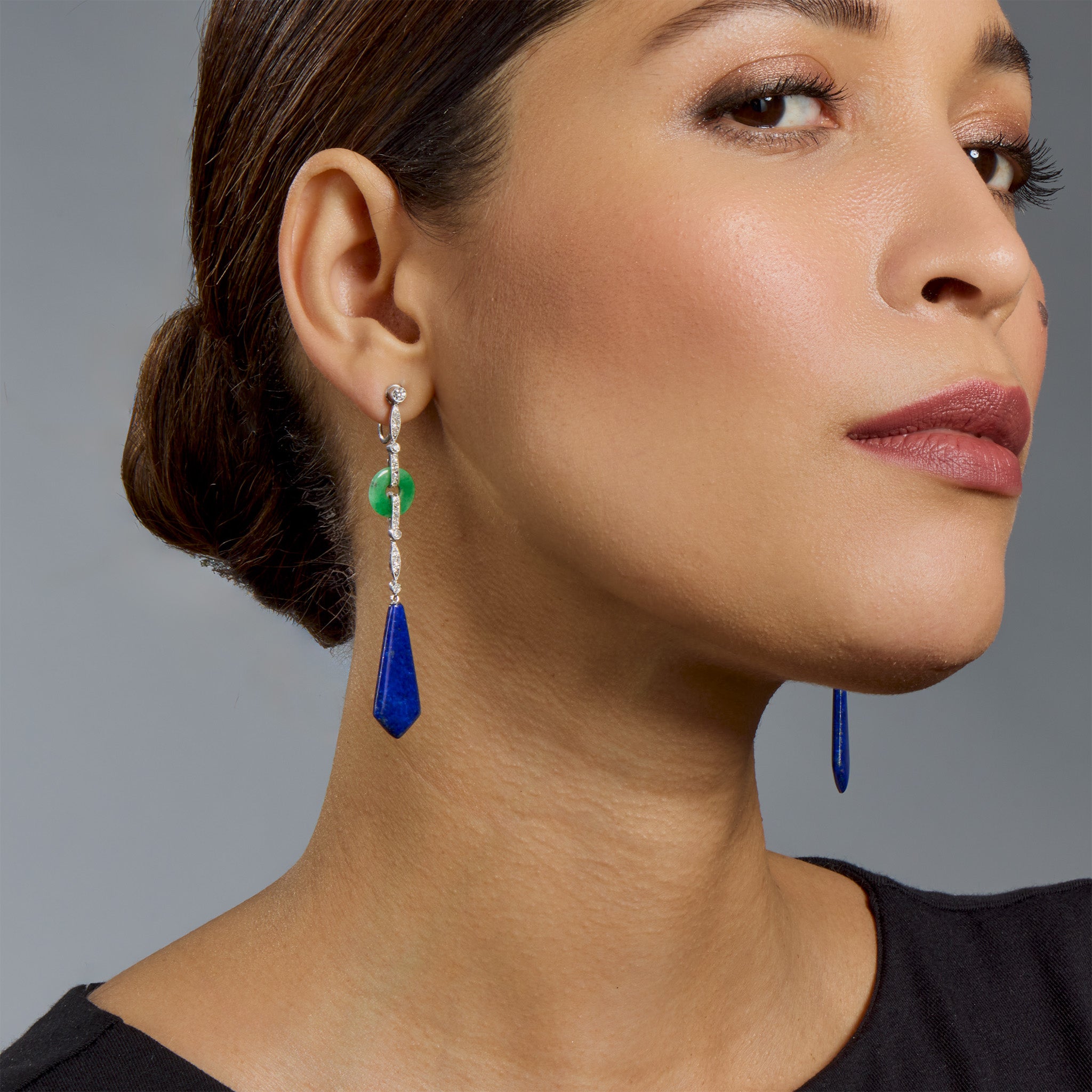 Exquisite French Art Deco Lapis Lazuli, Jadeite & Diamond Pendant Earrings | Vintage Jewelry for Women | Perfect for Weddings, Parties & Special Occasions