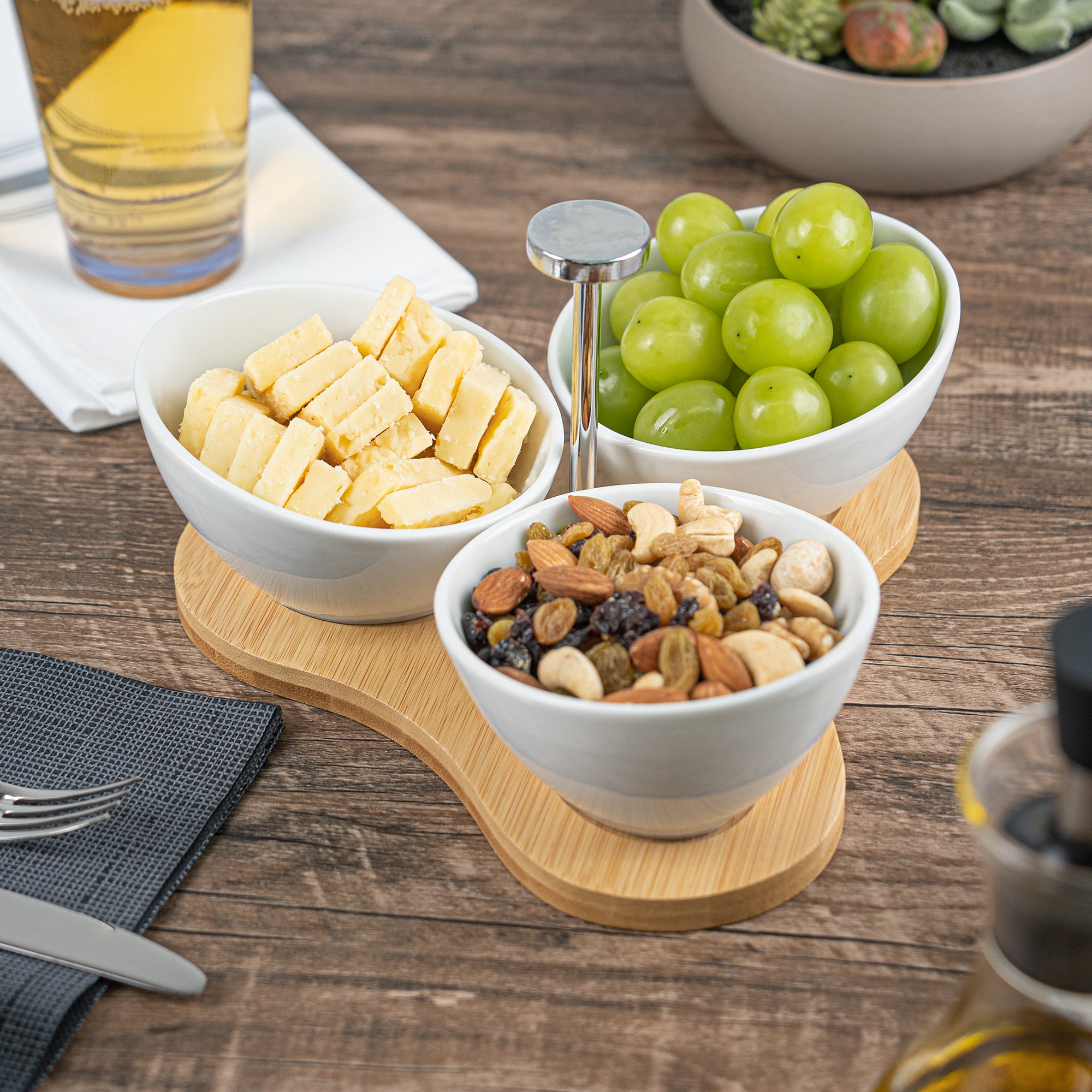 15 oz White Porcelain Inclined Rectangular Bowls Set of 3 with Bamboo Tray - 8.75