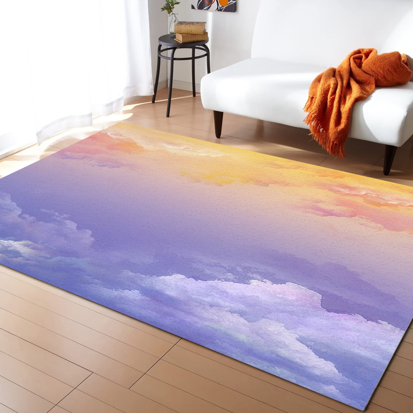 5' x 8' Ombre Pink Purple Sunset Sky Cloud Design Washable Area Rug - Indoor/Outdoor Use for Living Room, Bedroom, Bathroom, Kitchen, Hallway & Classroom - Soft Floor Mat for Kids, Boys & Girls Rooms - Perfect for Cozy Home Decor and Play Areas