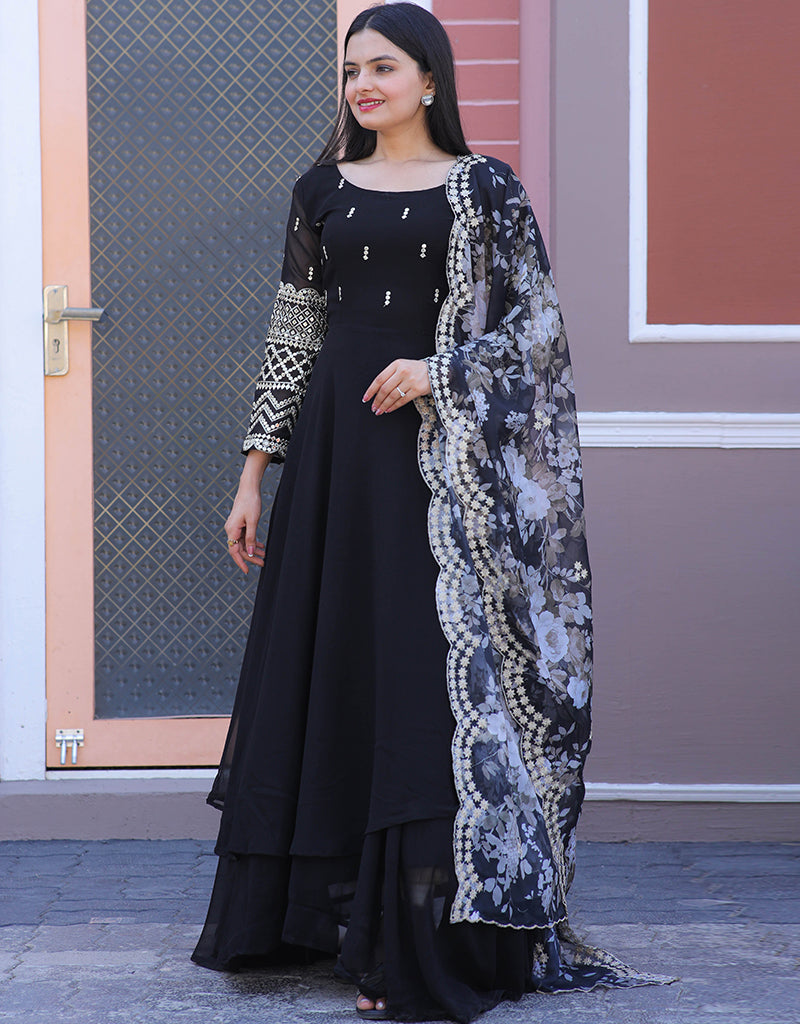 Elegant Black Faux Blooming Gown Dress for Women - Perfect for Evening Parties, Weddings & Special Occasions