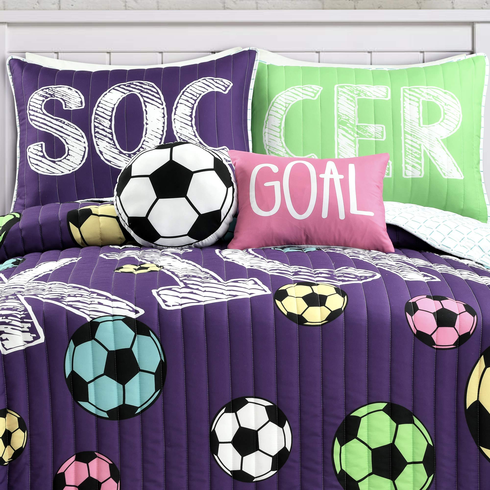 Lush Decor Girls Soccer Bedding Set - 5 Piece Full/Queen Reversible Comforter Quilt with 2 Pillow Shams & 2 Accent Pillows - Purple - Perfect for Kids' Bedrooms, Teen Rooms & Sports-Themed Decor