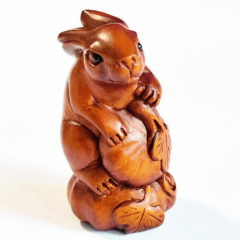 Hand Carved Boxwood Netsuke - Exquisite Rabbit Design Y8611-2 | Traditional Japanese Art Collectible | Perfect for Display, Gift Giving & Anime Enthusiasts