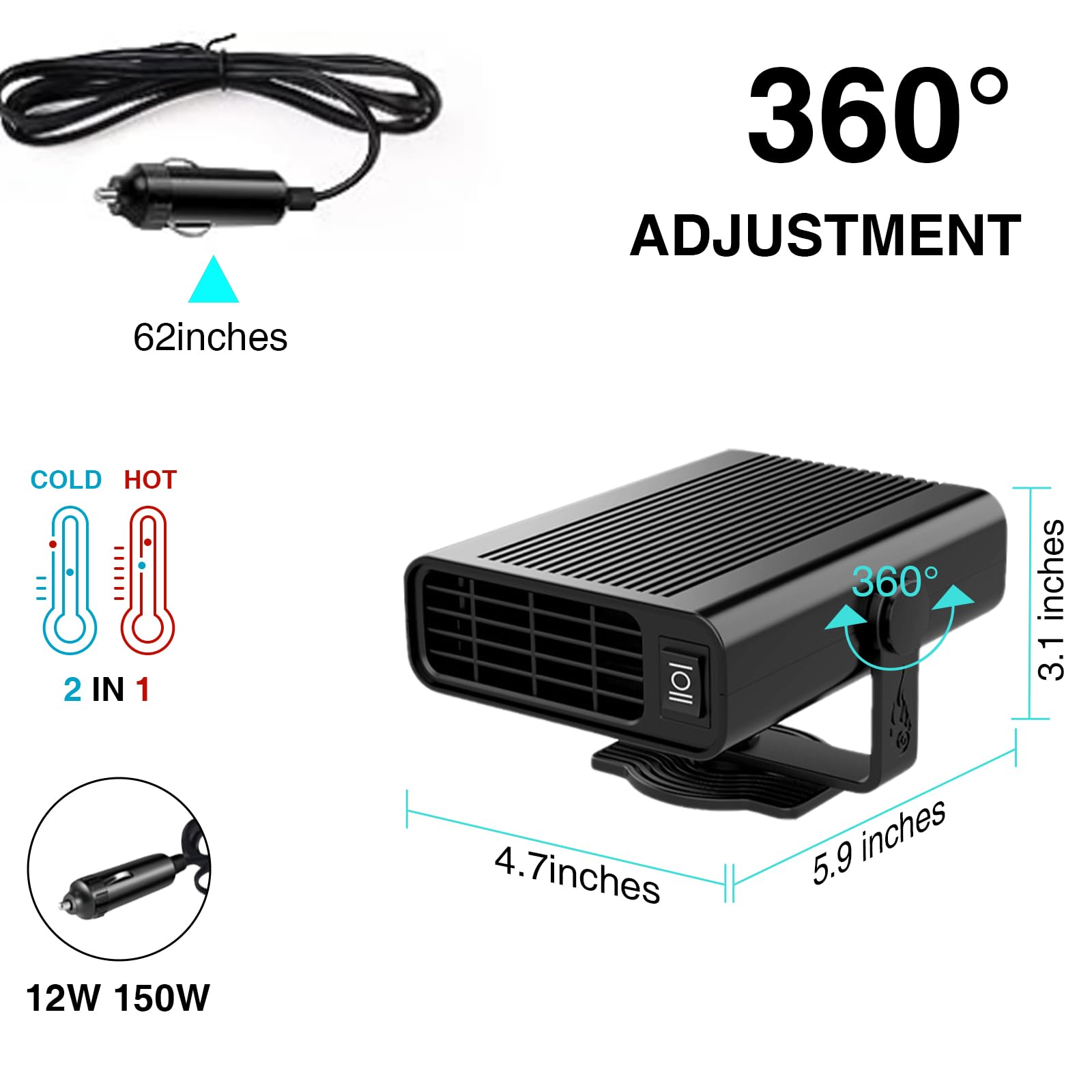 Upgraded Portable 12V 150W Car Heater & Cooler Fan - Dual Function Auto Defroster & Defogger for Windshield - Fast Heating/Cooling Ceramic Heater with Cigarette Lighter Plug (Premium Black) - Perfect for Winter Driving & Summer Road Trips
