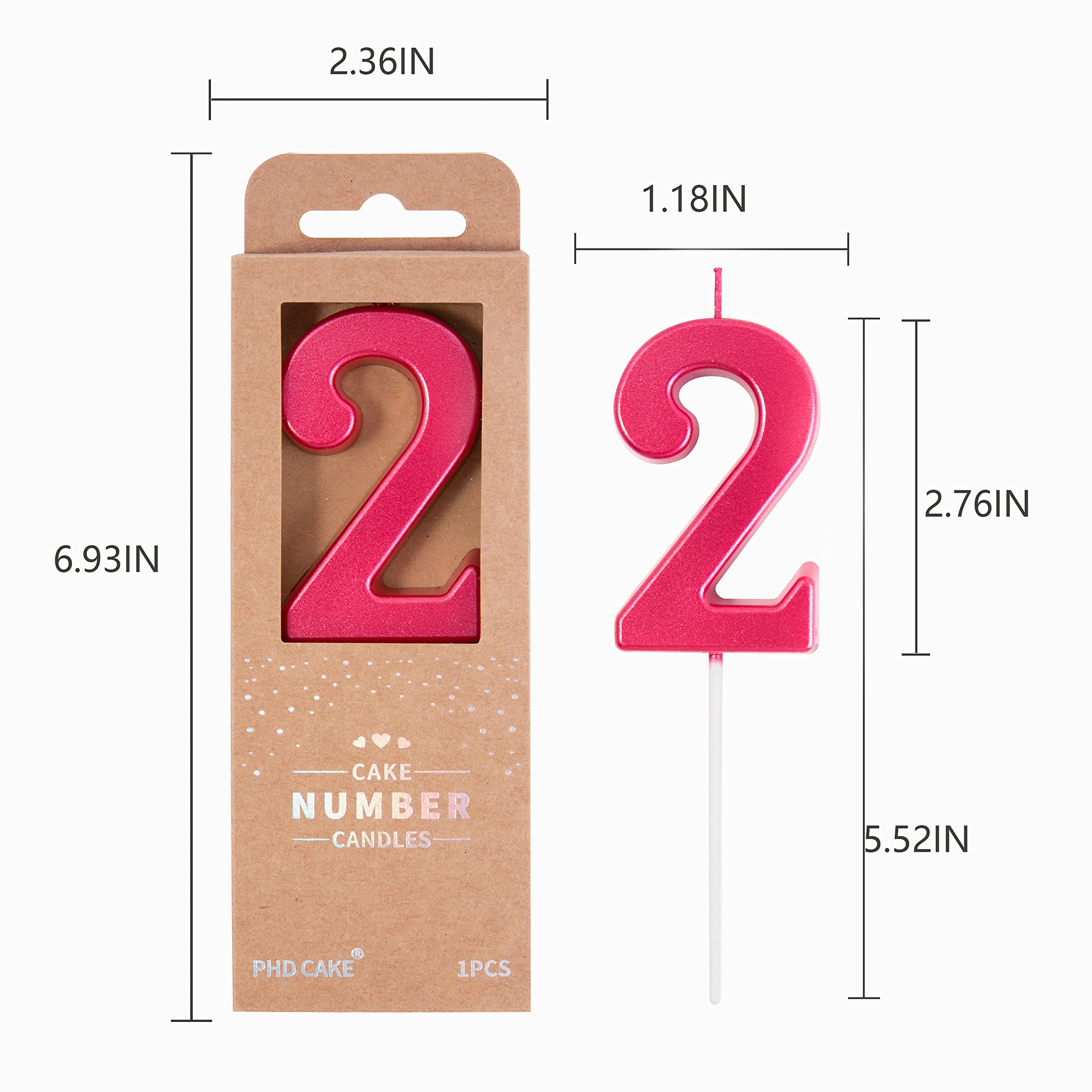 PHD CAKE 2.76 Inch Modern Red Number 2 Birthday Candles - Premium Red Number Cake Candles for Birthday Party Decorations & Celebrations - Perfect for Cakes, Cupcakes, and Dessert Toppings