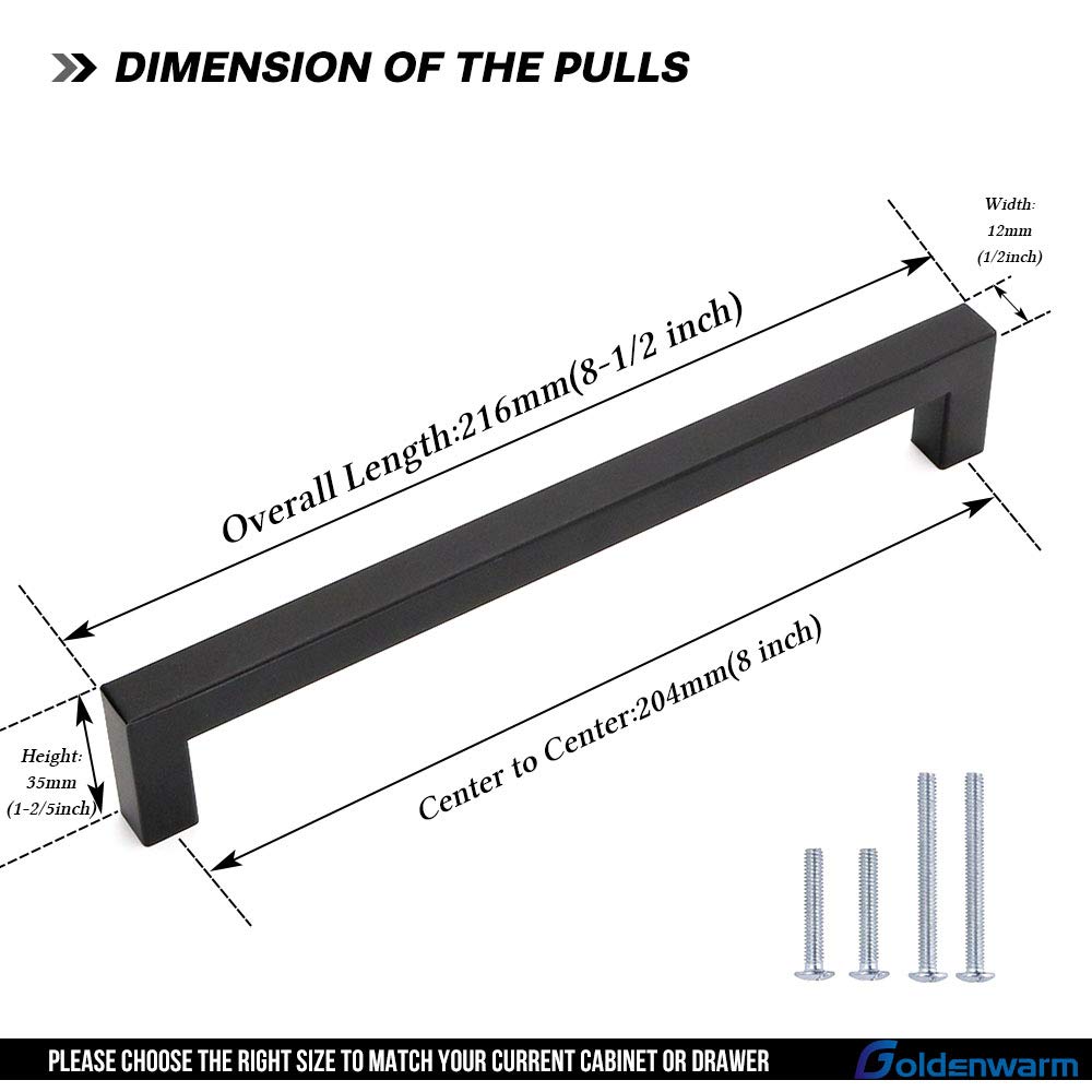 LSJ12BK204 8-Inch Black Square Cabinet Handles - Matte Black Kitchen Cabinet Pulls & Drawer Pulls (25-Pack) for Modern Home & Office Cabinetry