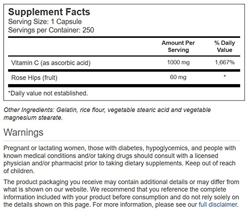 Vitacost Vitamin C with Rose Hips 1000mg - 250 Capsules - Immune Support & Antioxidant Boost - Perfect for Daily Wellness & Cold Season Defense