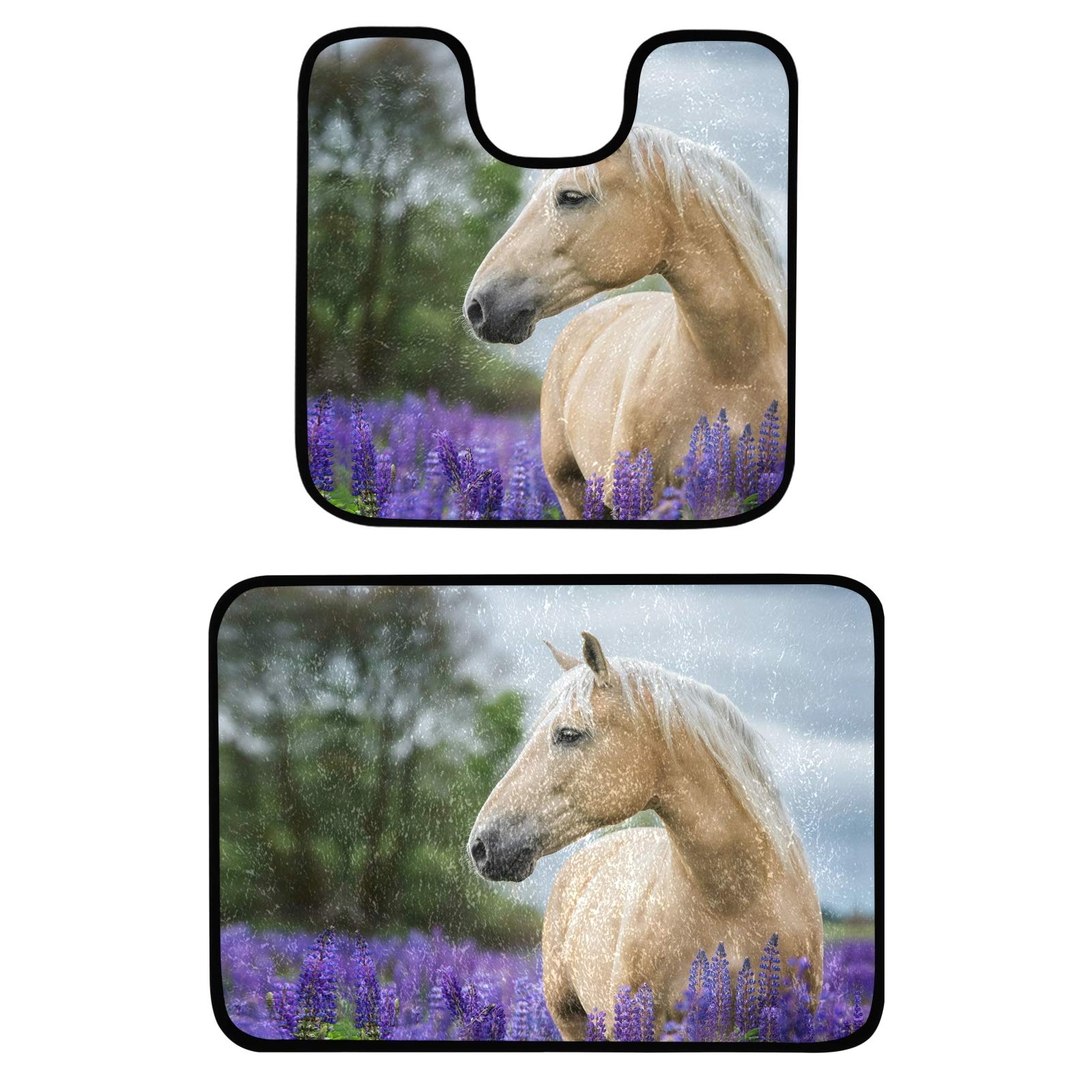 Purple Lavender Horse Bathroom Rugs Set - 2 Piece Microfiber Plush Absorbent Non-Slip Bath & Shower Mats - U-Shaped Toilet Rug & Contour Doormat for Bathroom Decor & Safety