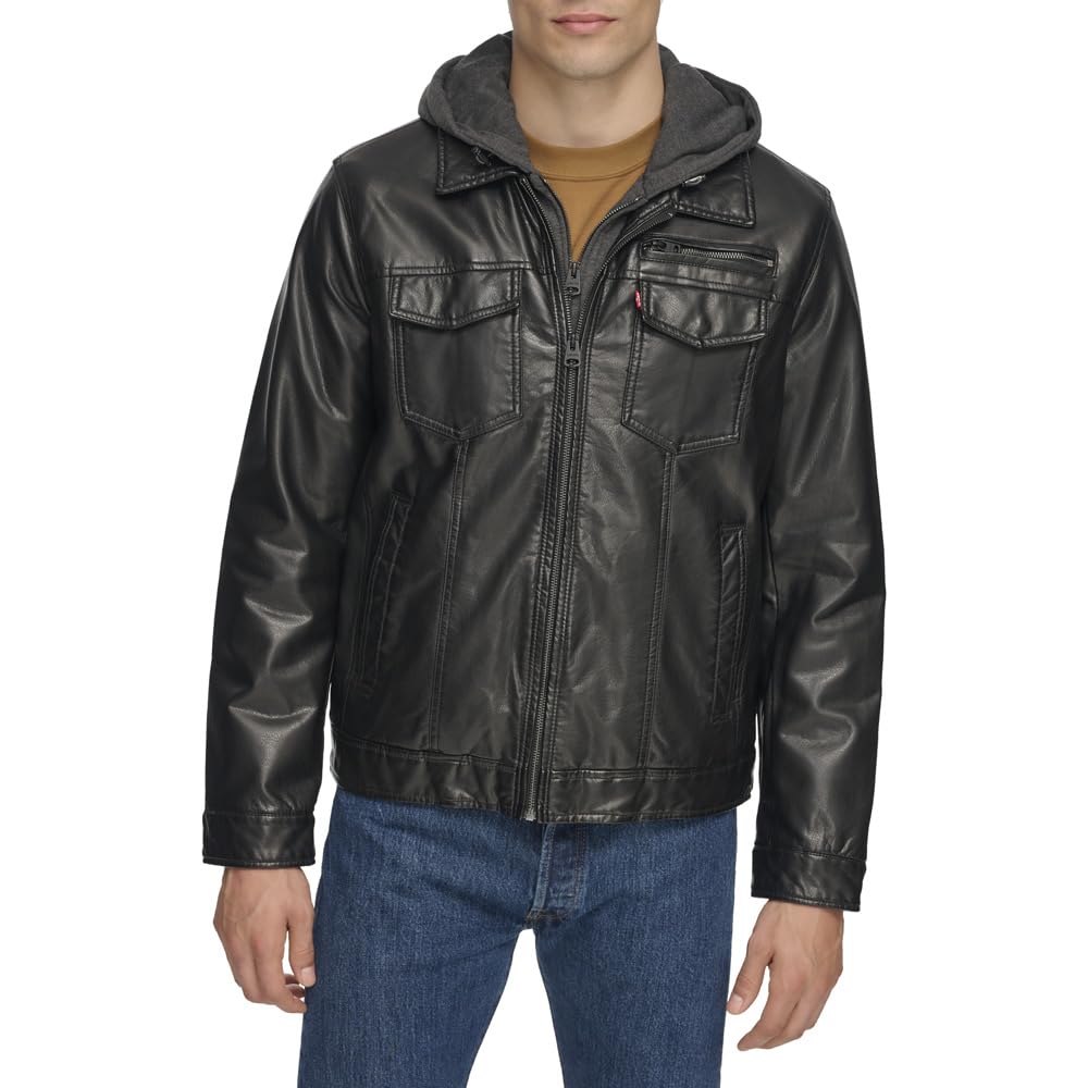 Levi's Men's Faux Leather Hooded Trucker Jacket with Sherpa Lining - Regular, Big & Tall Sizes | Stylish Winter Outerwear for Casual Wear & Outdoor Activities