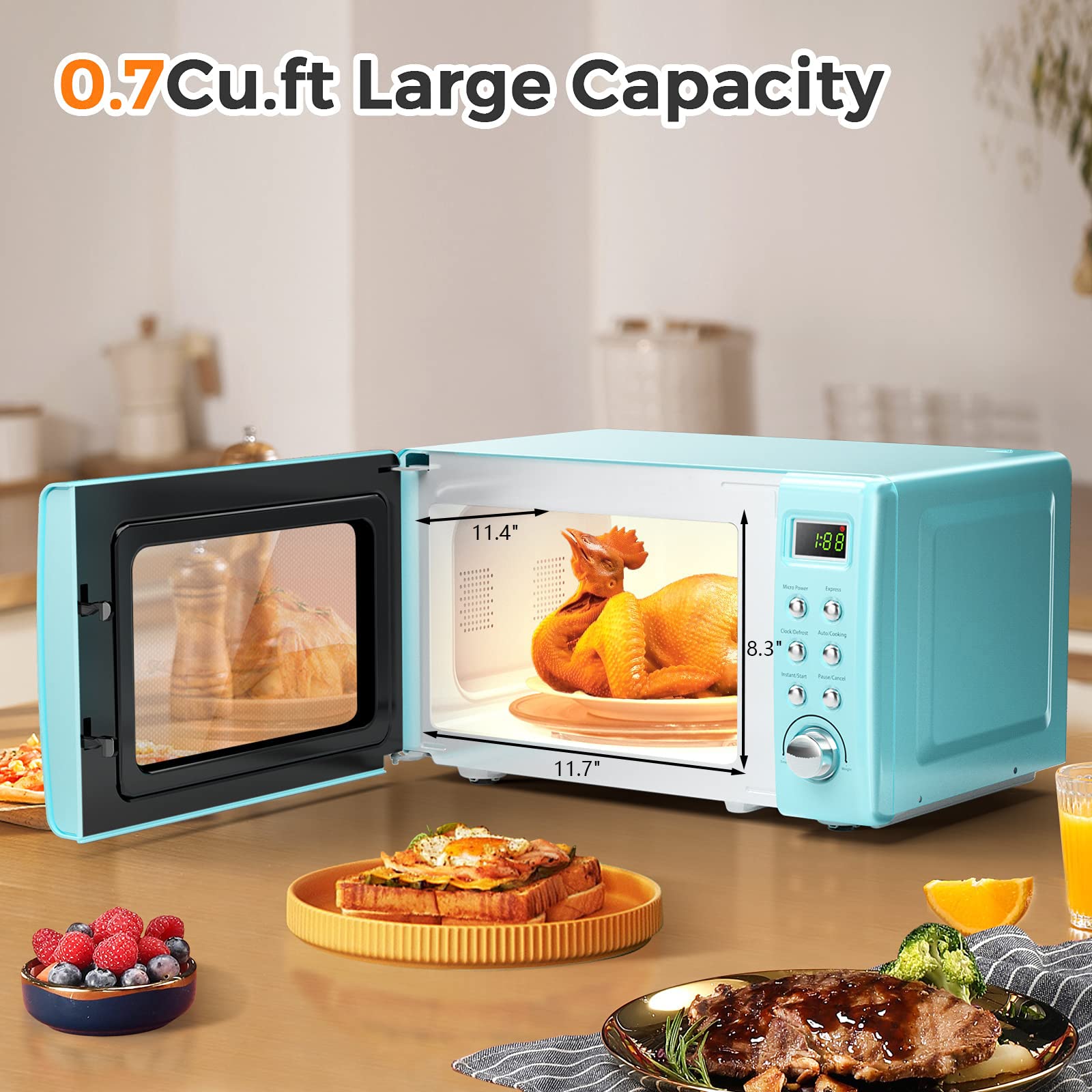 ARLIME 0.7Cu.ft 700W Small Countertop Microwave Oven with 5 Power Levels, Auto Cook & Defrost Functions, Stainless Steel Interior, LED Display - Retro Style Compact Microwave for Kitchen, Dorm, RV, Office & Small Spaces (Green)
