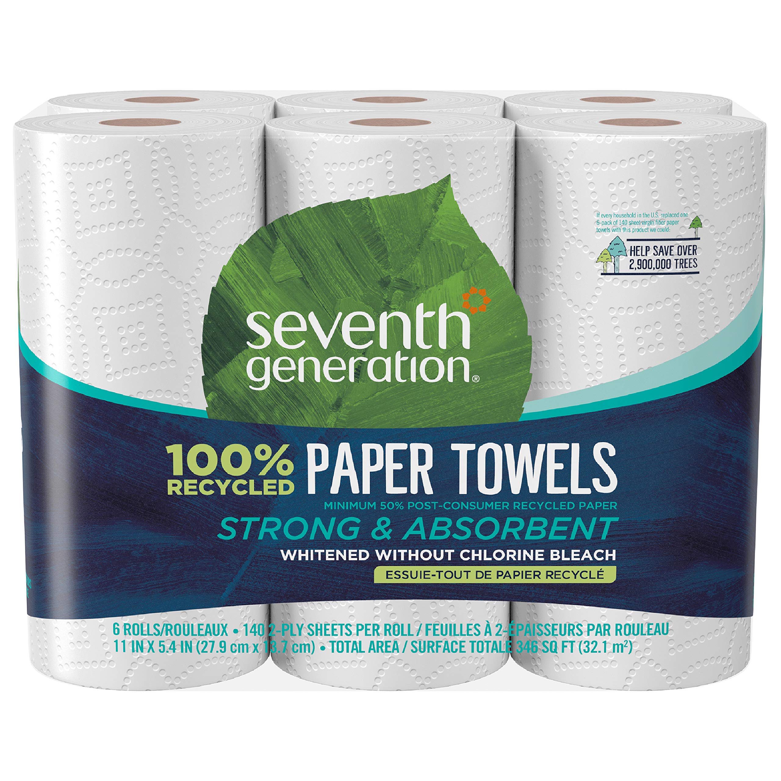 Seventh Generation 100% Recycled Paper Towels, 6 Rolls | Eco-Friendly, Absorbent & Strong | Perfect for Kitchen Cleaning, Spills & Household Use