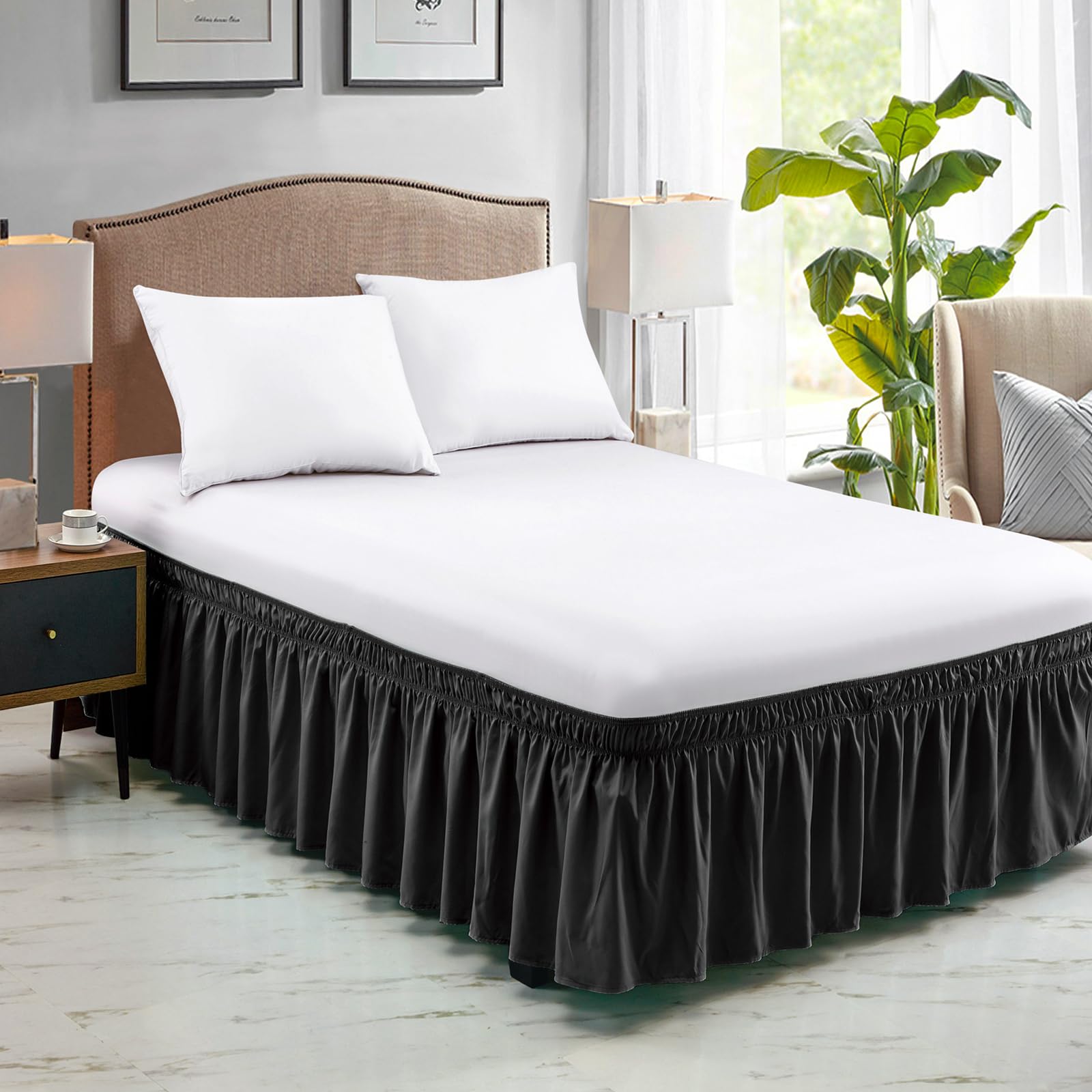 FreshCulture Queen Size Elastic Wrap Around Bed Skirt - 15-Inch Tailored Drop Dust Ruffle for Adjustable Beds | Hotel Quality Black Bed Skirt for Luxurious Bedroom Decor & Guest Room Styling