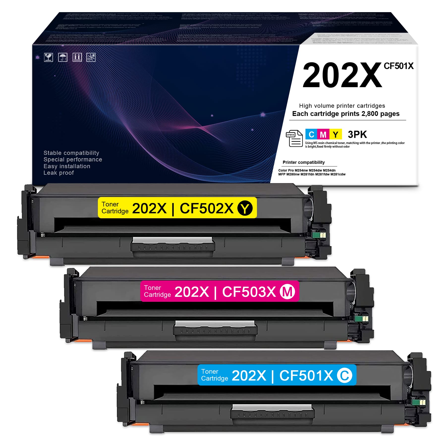 SAOUOT High Yield 202X C/M/Y Toner Cartridge 3-Pack - Compatible with HP Color Pro M254nw M254dw M254dn MFP M280nw M281fdn M281fdw M281cdw Printers (Replaces CF501X CF503X CF502X) - Ideal for Office Printing, Home Office Use & High Volume Printing Needs