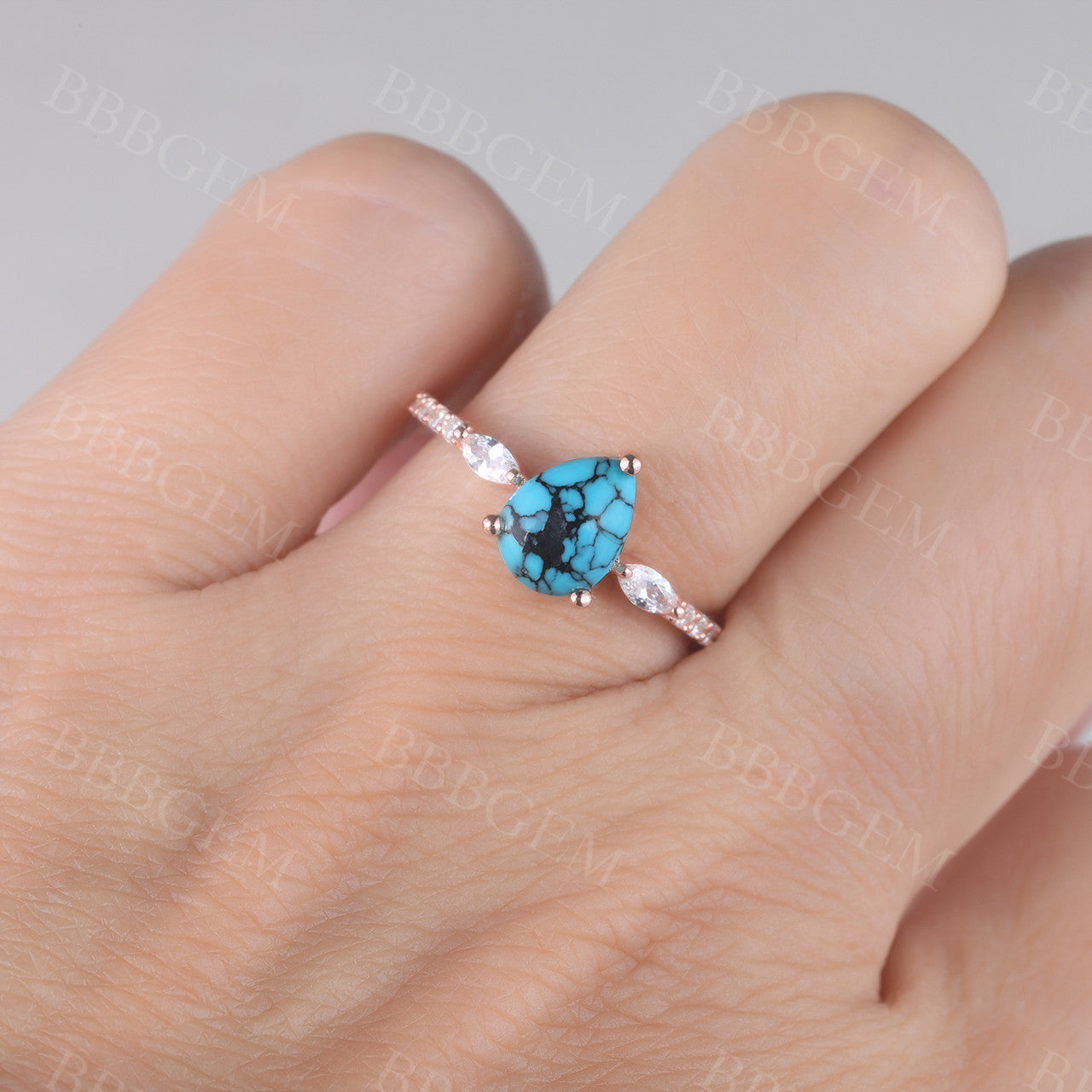 Turquoise Rose Gold Engagement Ring - Art Deco Vintage Promise Ring for Women, Gift for Her, Anniversary, Valentine's Day, Proposal, Wedding Jewelry