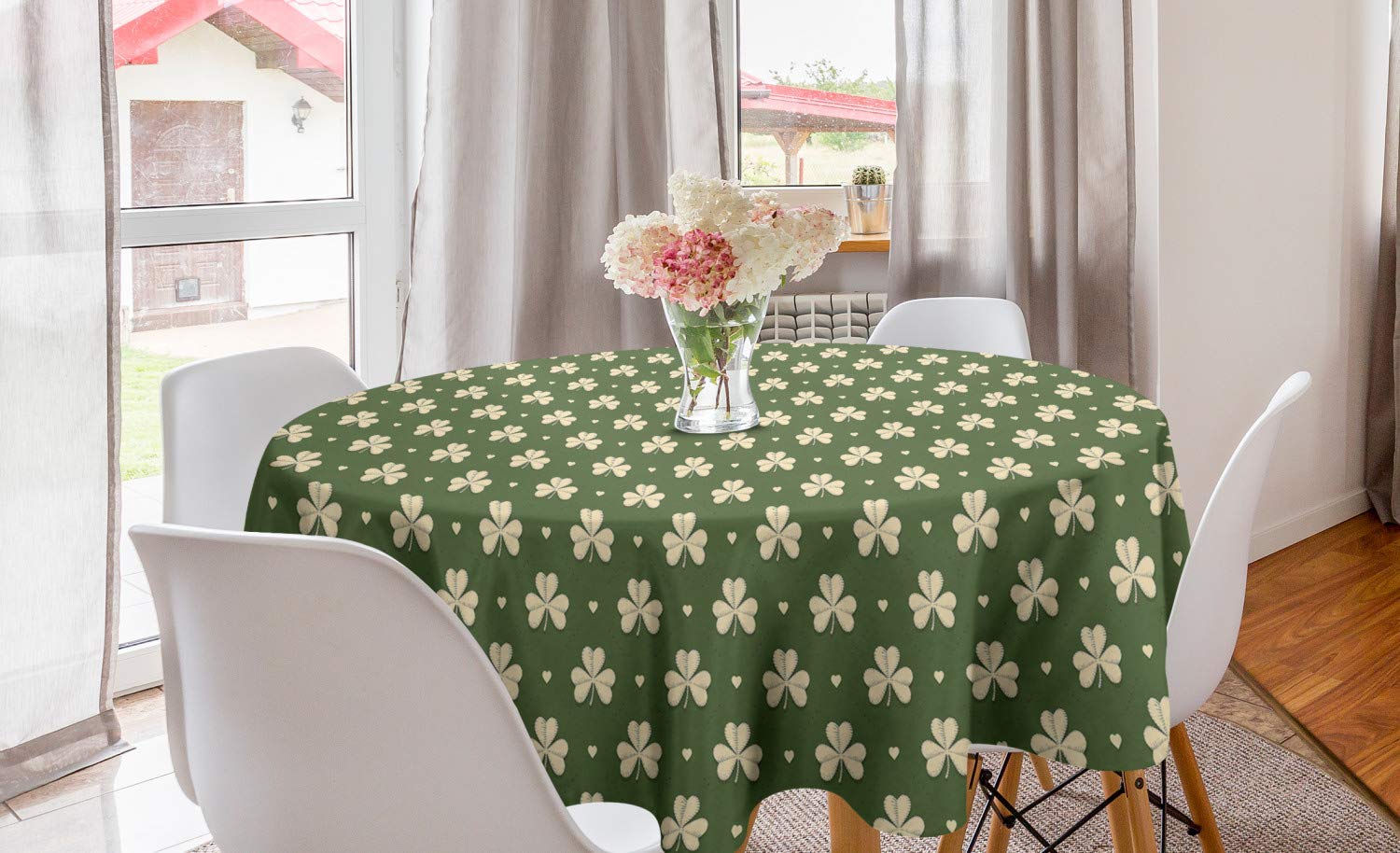 Lunarable St. Patrick's Day Round Tablecloth - 60 Inch Green & Cream Clover and Heart Pattern, Circular Dining Table Cover for Kitchen Decor, Party & Holiday Celebration