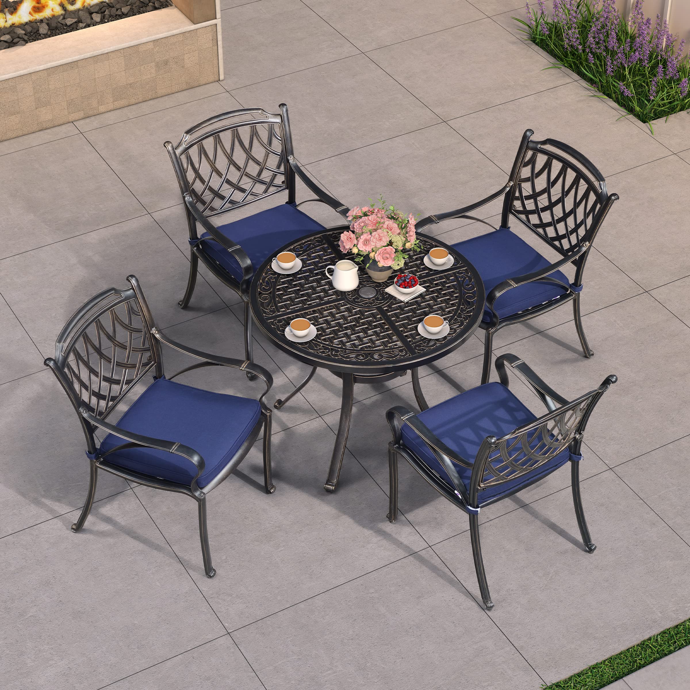 PURPLE LEAF 4-Piece Outdoor Dining Chair Set - Heavy Duty Cast Aluminum Patio Furniture for Lawn, Yard & Garden - Navy Blue Rhombic Design - Perfect for Backyard BBQs, Poolside Lounging & Outdoor Entertaining