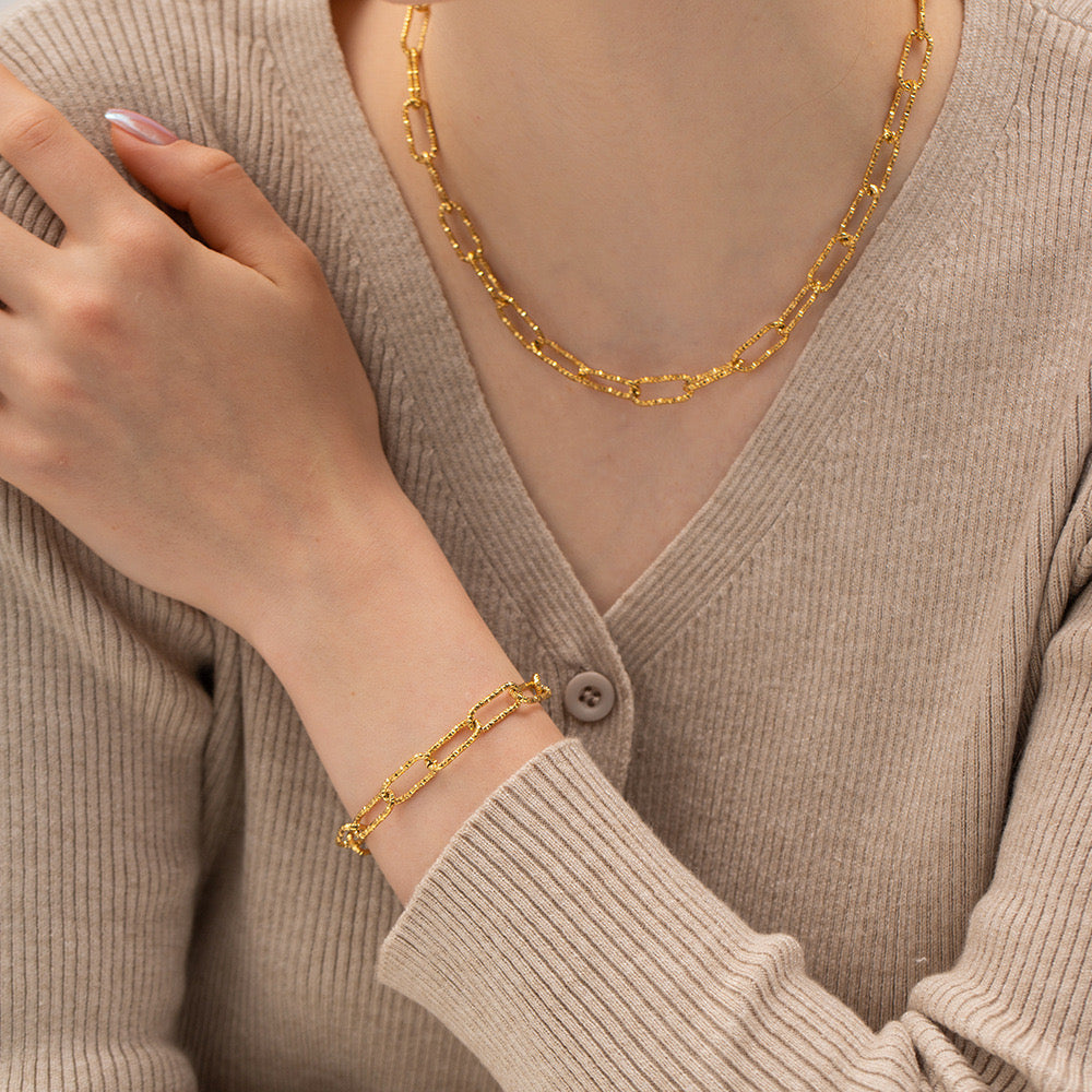18K Gold Plated Stainless Steel Link Chain Bracelet and Necklace Set - Elegant Jewelry Gift for Women | Perfect for Weddings, Parties & Everyday Wear | JDWB030