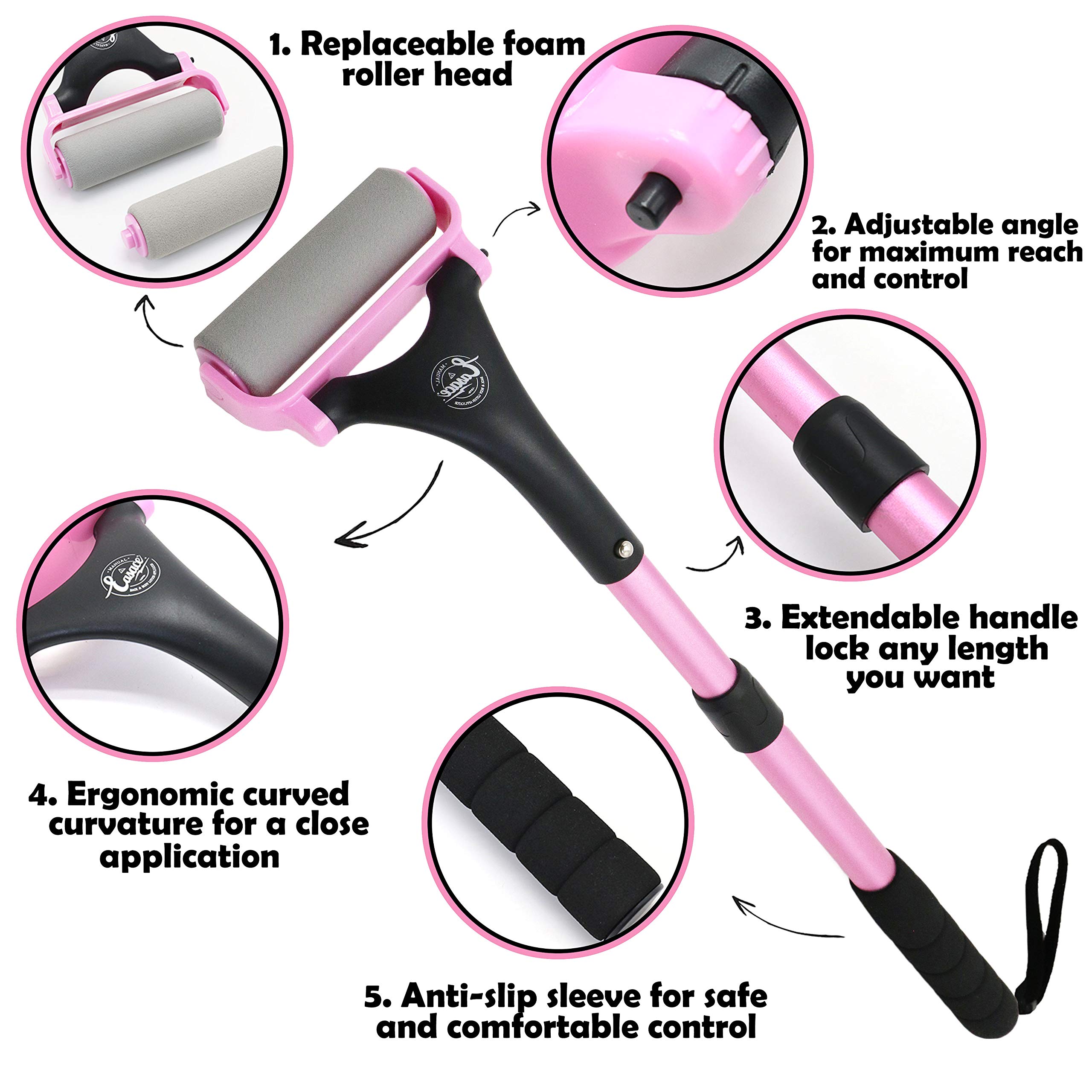 EASACE 21.5 Inch Adjustable Long Handle Lotion Applicator for Back & Body - Self Massage Tool with 2 Replacement Rollers (Pink) | Perfect for Sunscreen, Moisturizer & Pain Relief Cream Application at Home, Spa or Travel