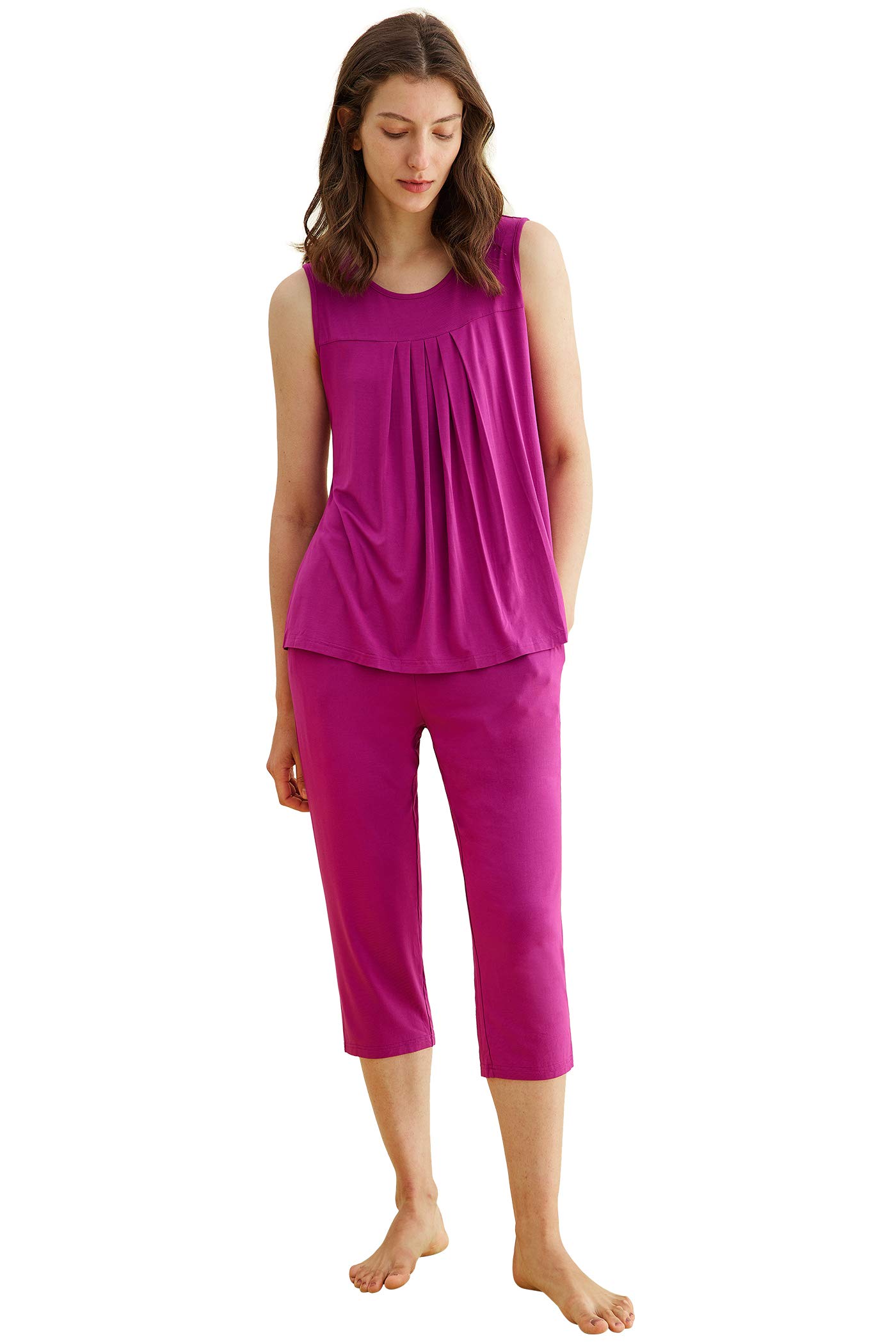 Latuza Women's Summer Pleated Tank Top & Capri Pajama Set - Soft Sleepwear for Hot Weather, Lounge Wear, Nightwear, and Vacation Outfits
