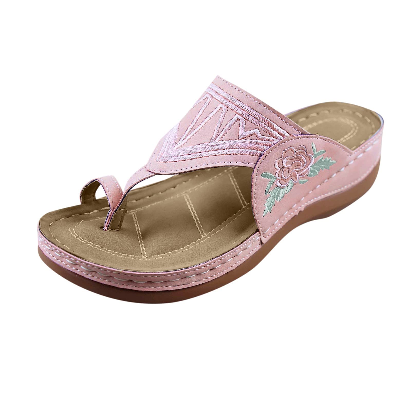 Women's Comfortable Embroidered Wedge Sandals with Size Buckle - Large Heel Clip Toe Dressy Flats for Summer, Beach, and Casual Outings