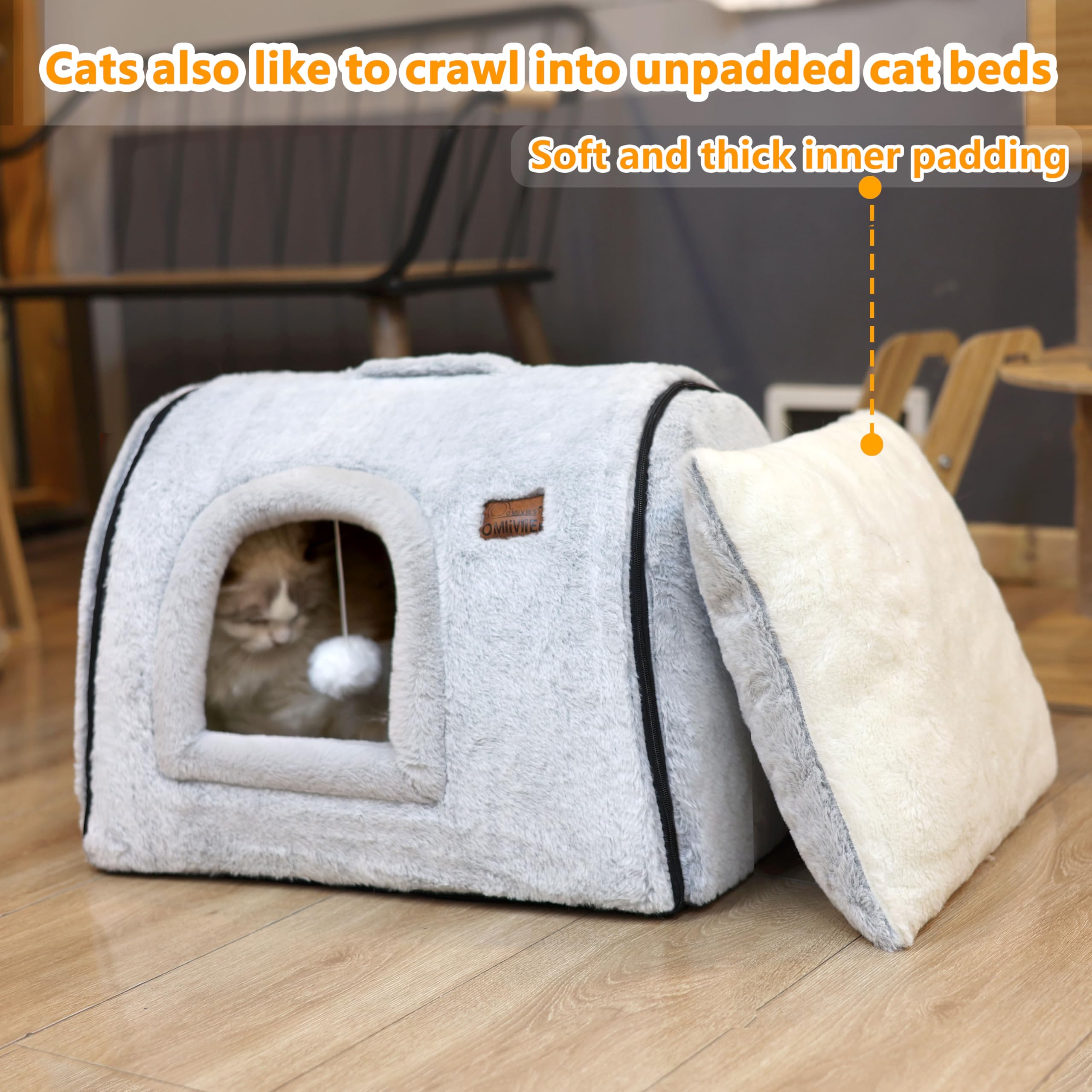 Cozy Cat Bed Cave for Indoor Cats - Soft & Comfortable Enclosed Cat House with Removable Washable Cushion - Grey Kitty Hideaway Tent for Small Pets - Perfect for Napping, Lounging & Stress Relief