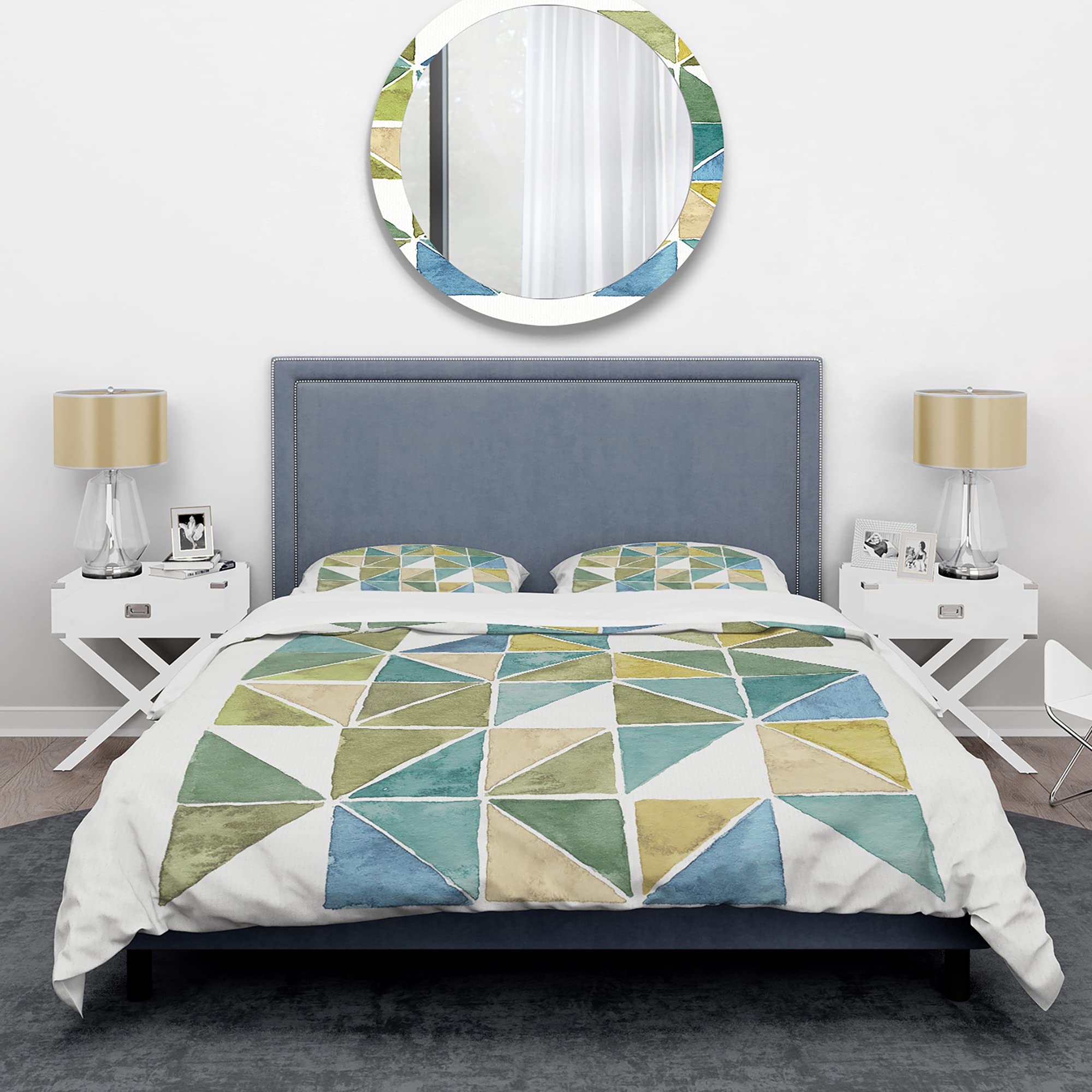 DesignQ Geometric Green Triangle Mid-Century Modern Duvet Cover Set - King Size 3-Piece Abstract Bedding | All-Season Luxury Bed Linens for Master Bedroom & Guest Room Decor