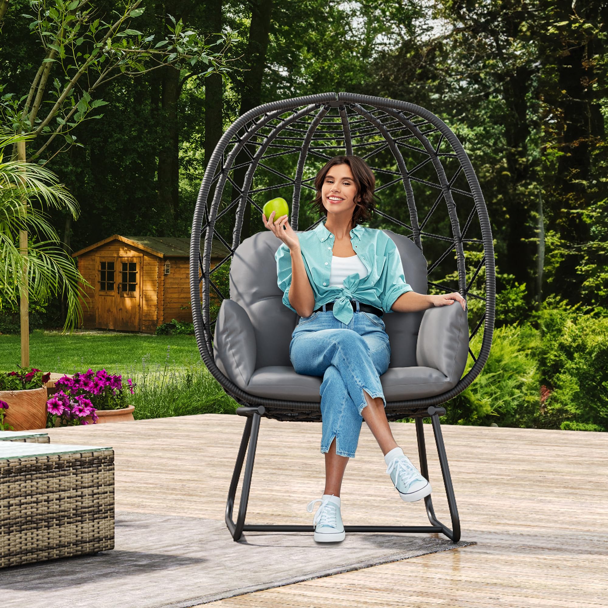 YITAHOME Gray Egg Chair with Stand - Indoor/Outdoor Wicker Lounge Chair with Cushion, PE Rattan Hanging Chair for Patio, Garden, Backyard, Porch - Perfect for Relaxing, Reading & Sunbathing