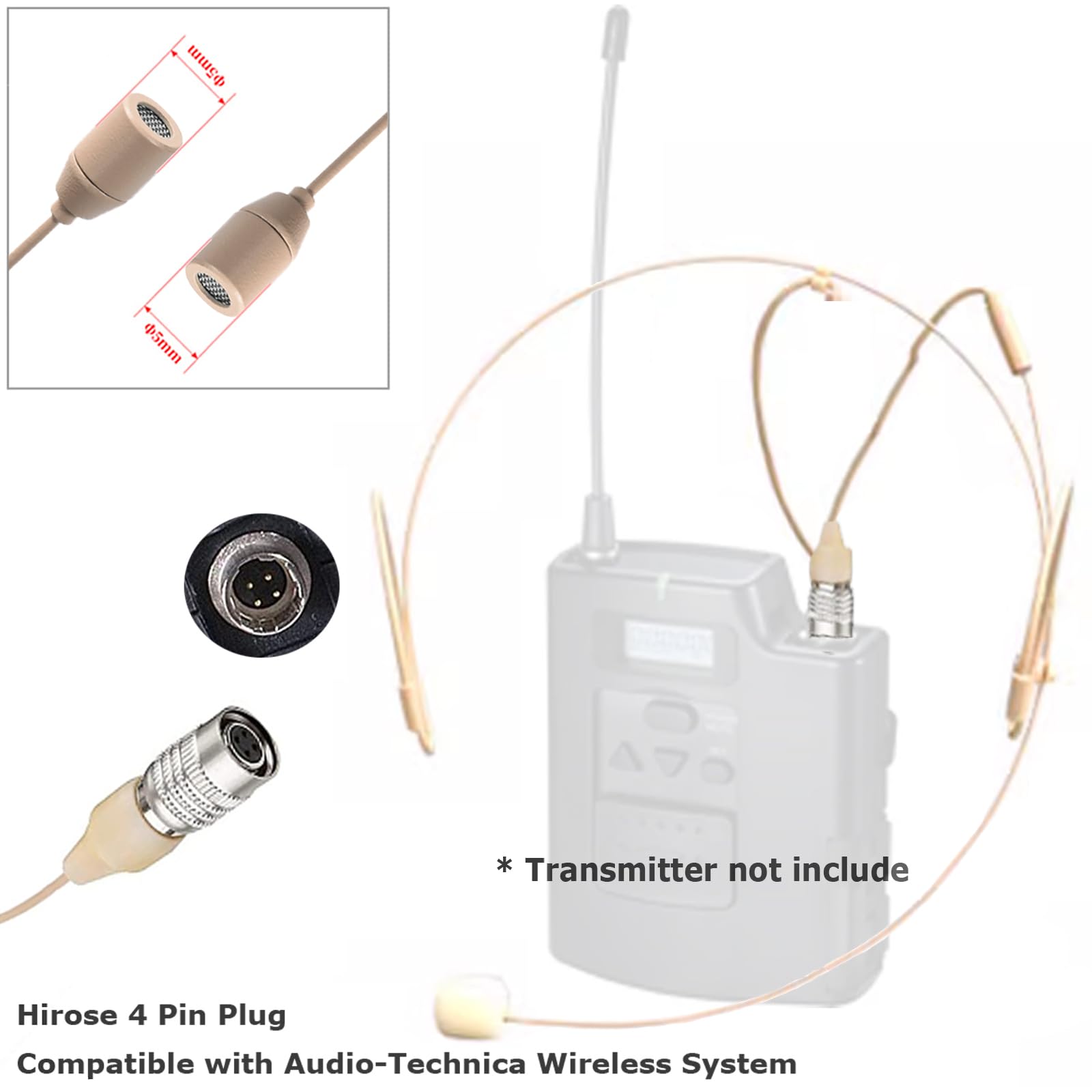 Professional Headset Microphone with Omnidirectional Condenser - Over Ear Headworn Earset with Hirose 4 Pin Plug - Compatible with Audio-Technica Wireless Bodypack Transmitter System - Ideal for Live Performances, Broadcasting & Public Speaking